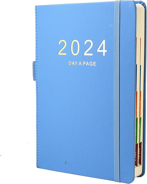 Diary 2024 A5 Day Per Page, 2024 Diary from Jan 2024 to Dec 2024, Productivity A5 Daily Planner with Monthly Tabs, Pen Loop and Inner Pocket, 21×14.5cm400 Page (Blue)