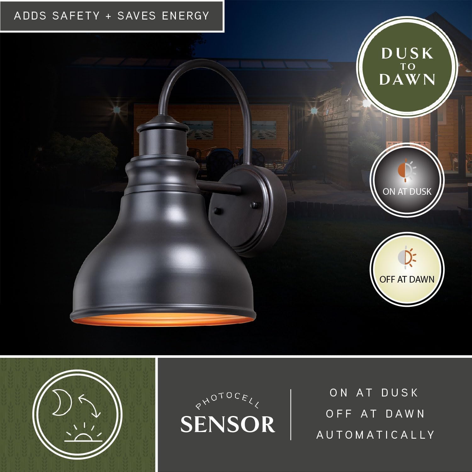 VAXCEL Delano 13 in. H 1-Light Oil Burnished Bronze and Light Gold Dusk to Dawn Sensor Farmhouse Outdoor Wall Sconce, Durable Steel Shade, Dark Sky Compliant, Exterior Porch Patio Front Door or Garage