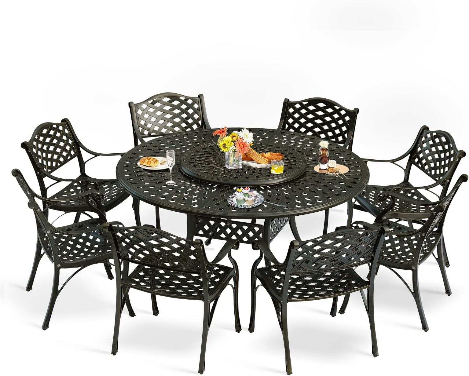 MEETWARM9-Piece Outdoor Furniture Dining Set, All Weather Cast Aluminum Patio Garden Set- 8 Chairs, 61" Round Patio Dining Table with Detachable Lazy Susan, Umbrella Hole, Dark Bronze
