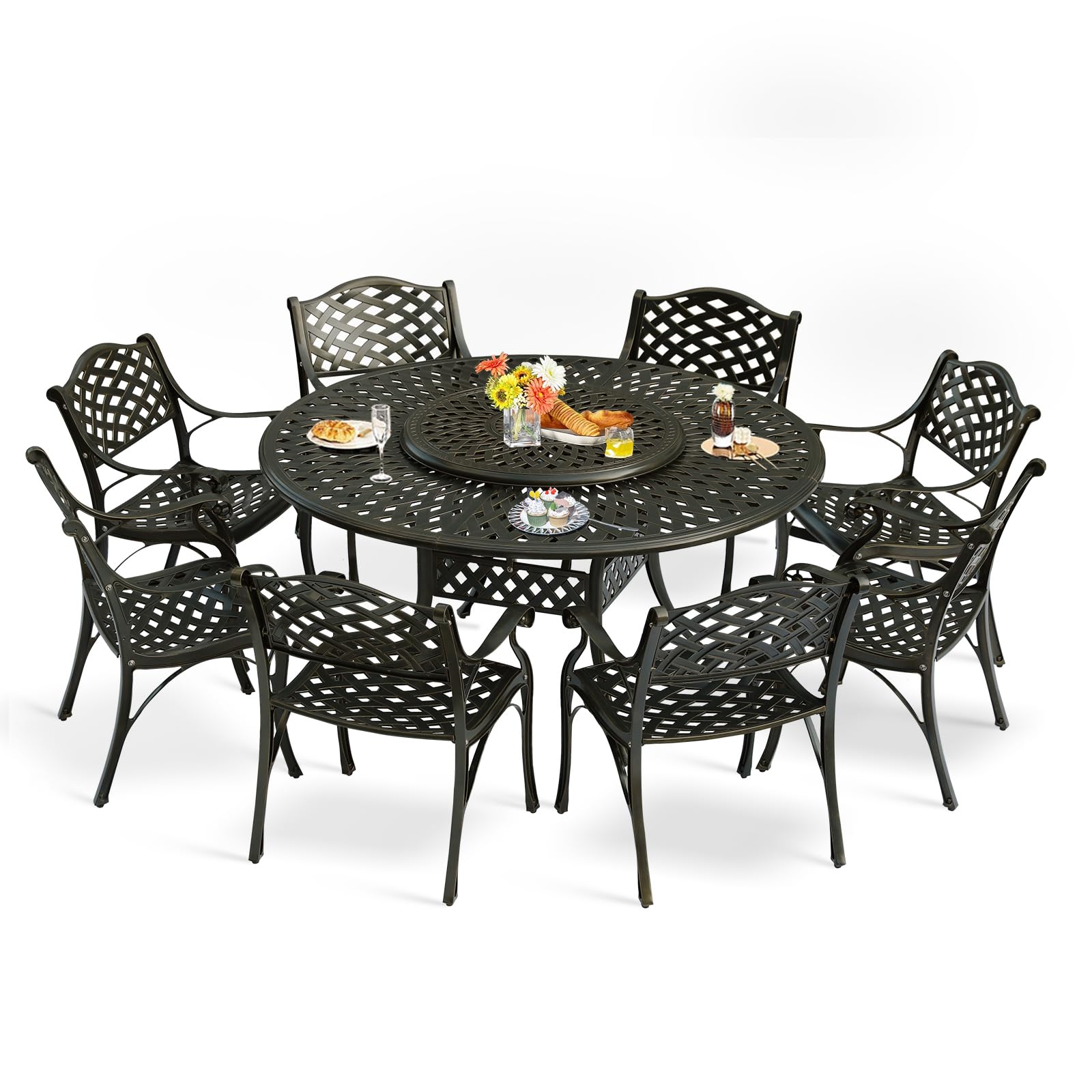 MEETWARM9-Piece Outdoor Furniture Dining Set, All Weather Cast Aluminum Patio Garden Set- 8 Chairs, 61" Round Patio Dining Table with Detachable Lazy Susan, Umbrella Hole, Dark Bronze