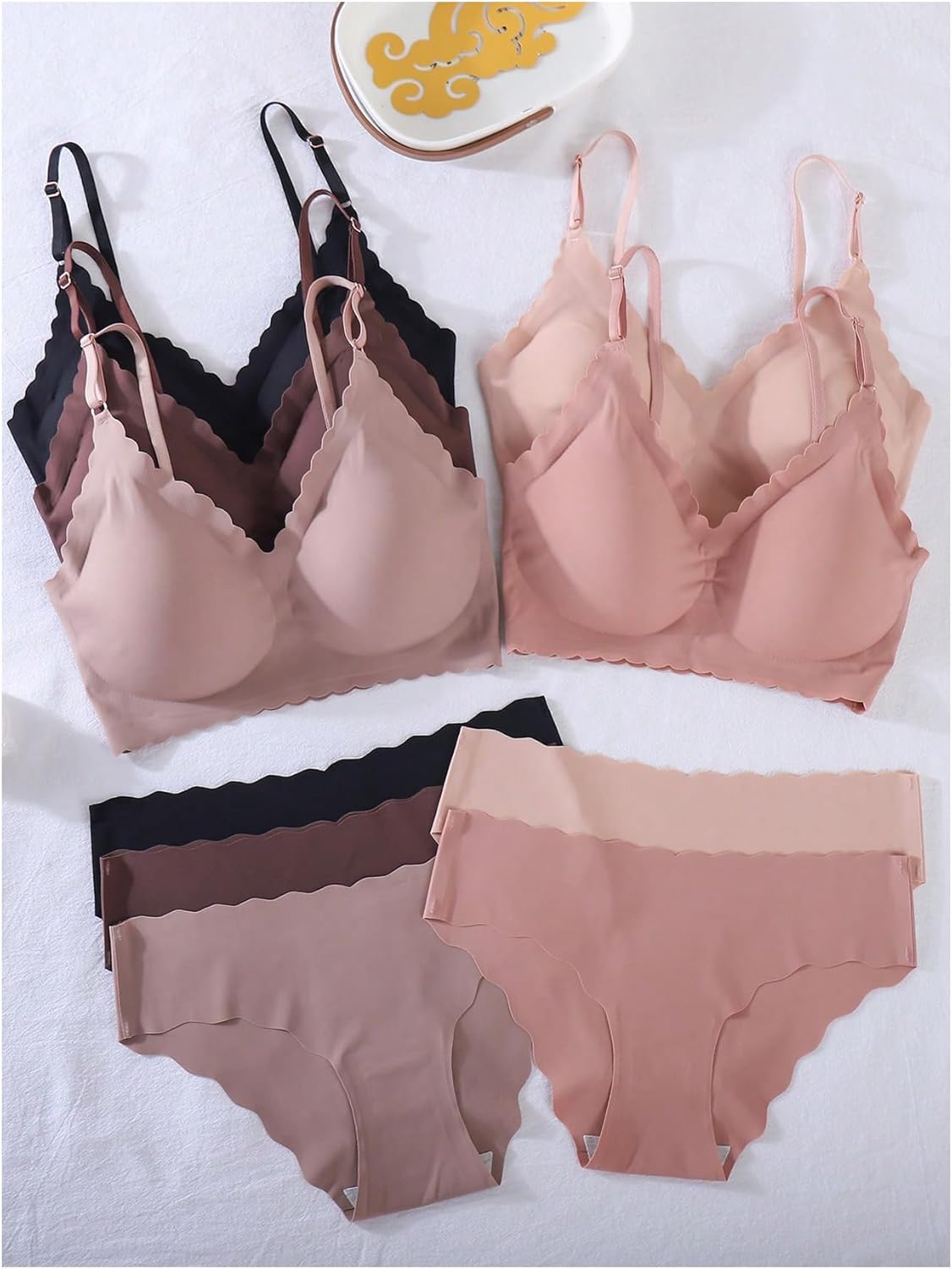 Women's 5 Pack Seamless Lingerie Sets Scallop Trim Wireless Bralettes No Show Bra and Panty Sets Matching Underwear - Image 3