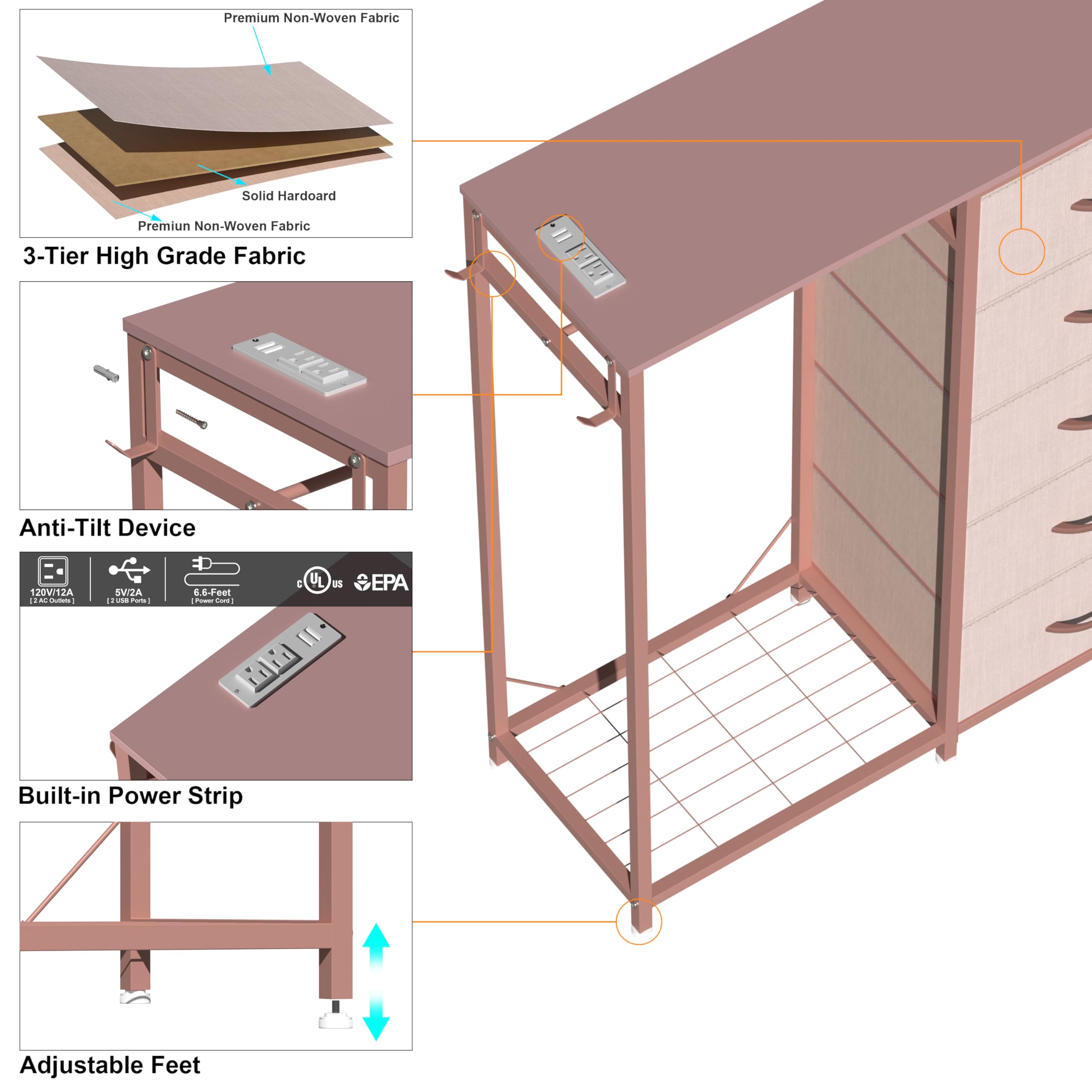 Cómoda para dormitorio con perchero, cómoda de 5 cajones con estación de carga, luces LED, cómoda blanca, estante flexible y espacio de almacenamiento abierto para dormitorio, sala de estar 3