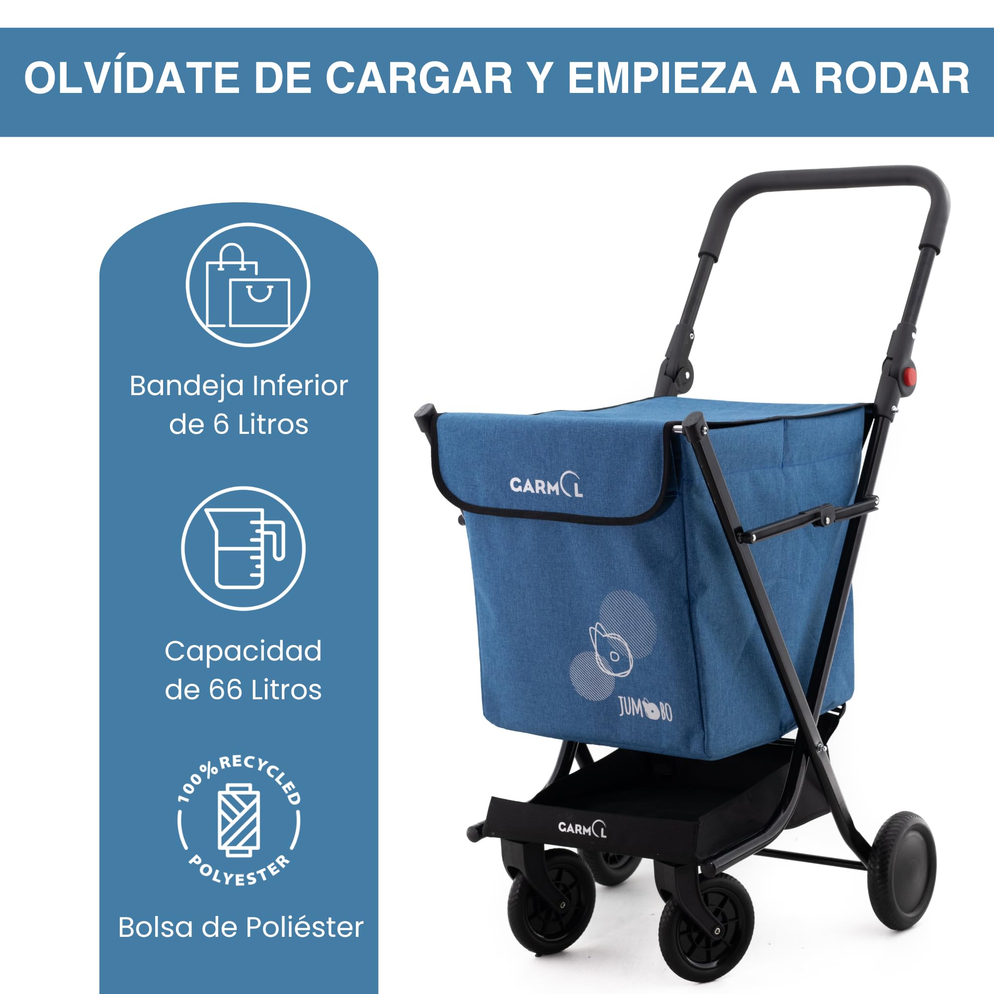 GARMOL Carro de la Compra Plegable 66 litros | Carro de la Compra 4 Ruedas Gran Capacidad | Carrito Compra 4 Ruedas Plegable Color Azul