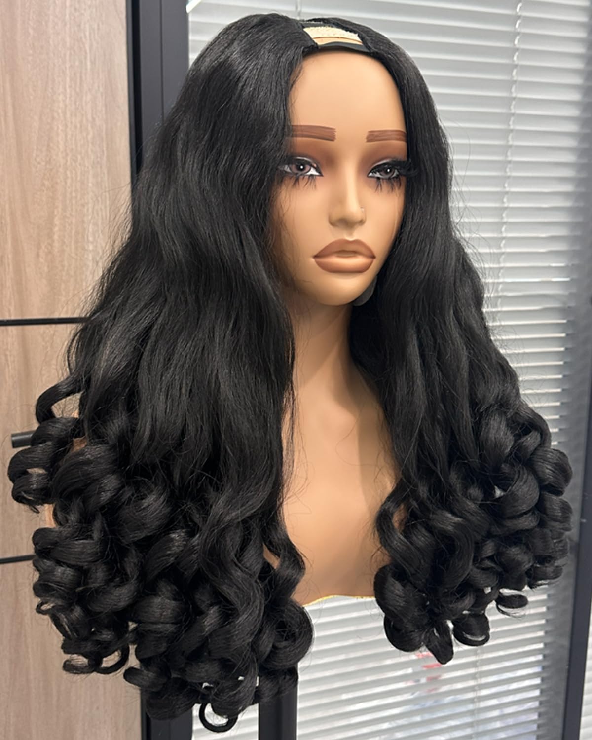 V Part Wig Curly Half Wig for Black Women, 180% Density Wear and Go Glueless Wigs with Bouncy Curls in the End, Heat-Resistant Synthetic Hair No Leave out Clip in (Black, 24 Inch)