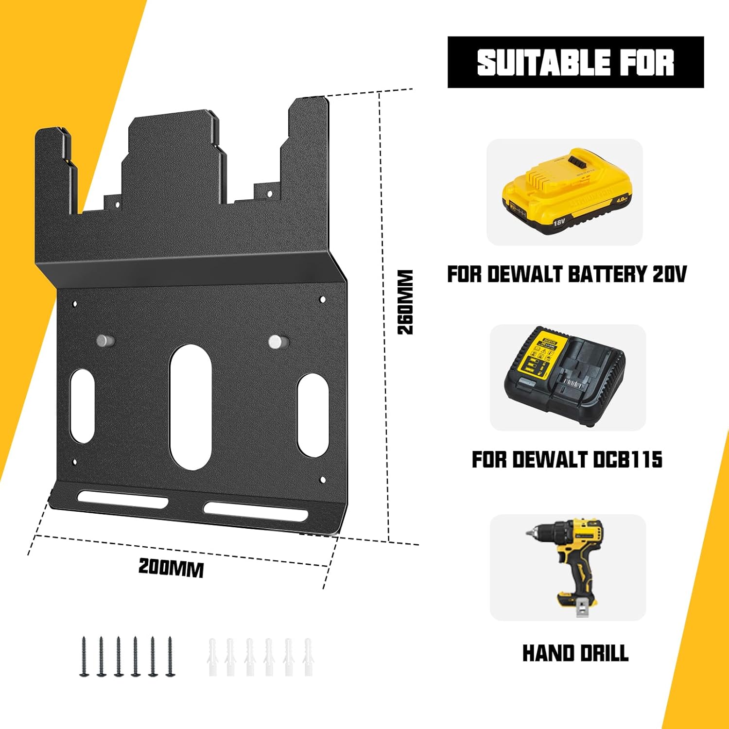 Wall Mount Bracket for DeWalt 20V Battery and DCB115 Charger, Metal Black Rugged 2 Battery Holder and Charger Holder for Tool Room and Garage