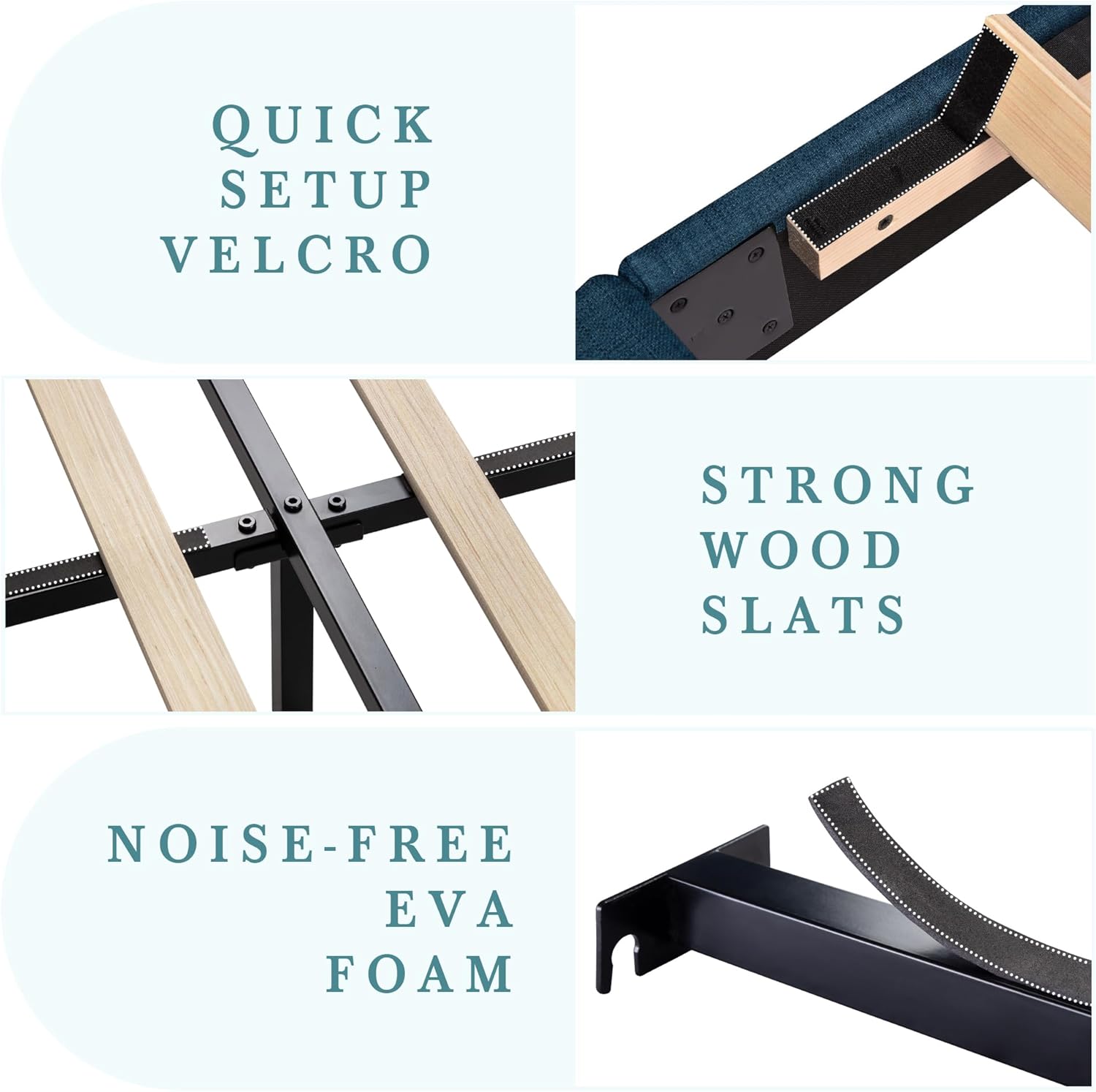 Close-up of bed frame components including quick setup velcro, strong wood slats, and noise-free EVA foam