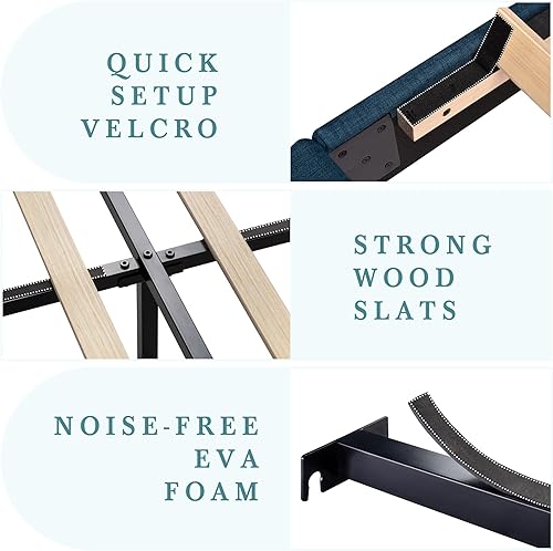 Miniatura 6 de HOOMIC Base de cama de tamaño matrimonial con cabecero, plataforma tapizada de tela, listones de madera fuerte, base de colchón de cama, no necesita