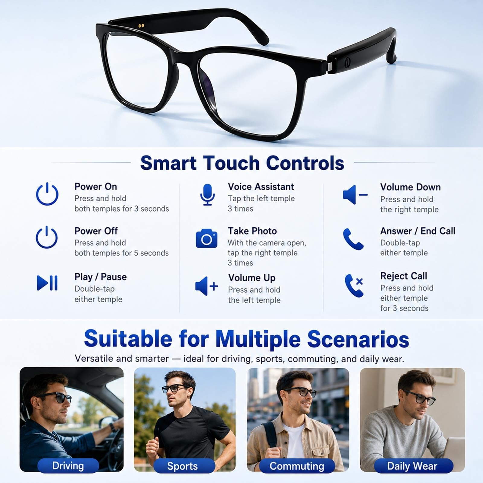 Occhiali da Sole Bluetooth Wireless con Microfono, Audio Aperto Smart AI