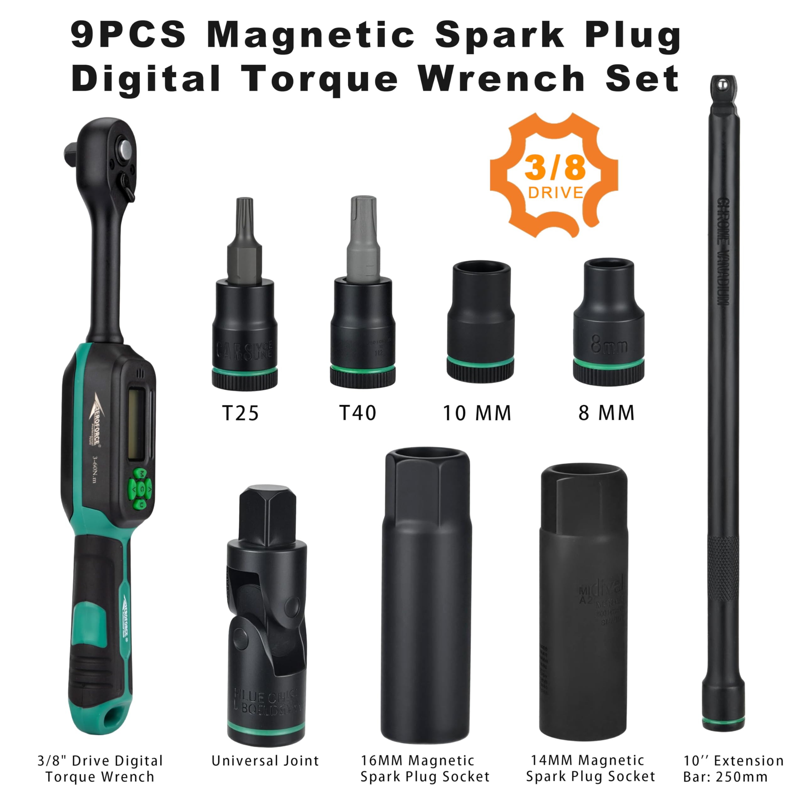 AEROFORCE - Juego de 9 enchufes magnéticos para bujías con llave dinamométrica digital de 3/8 pulgadas (6.8-135 Nm), incluye enchufes de 12 puntos de 14 mm y 16 mm, barra de extensión de 10 pulgadas y