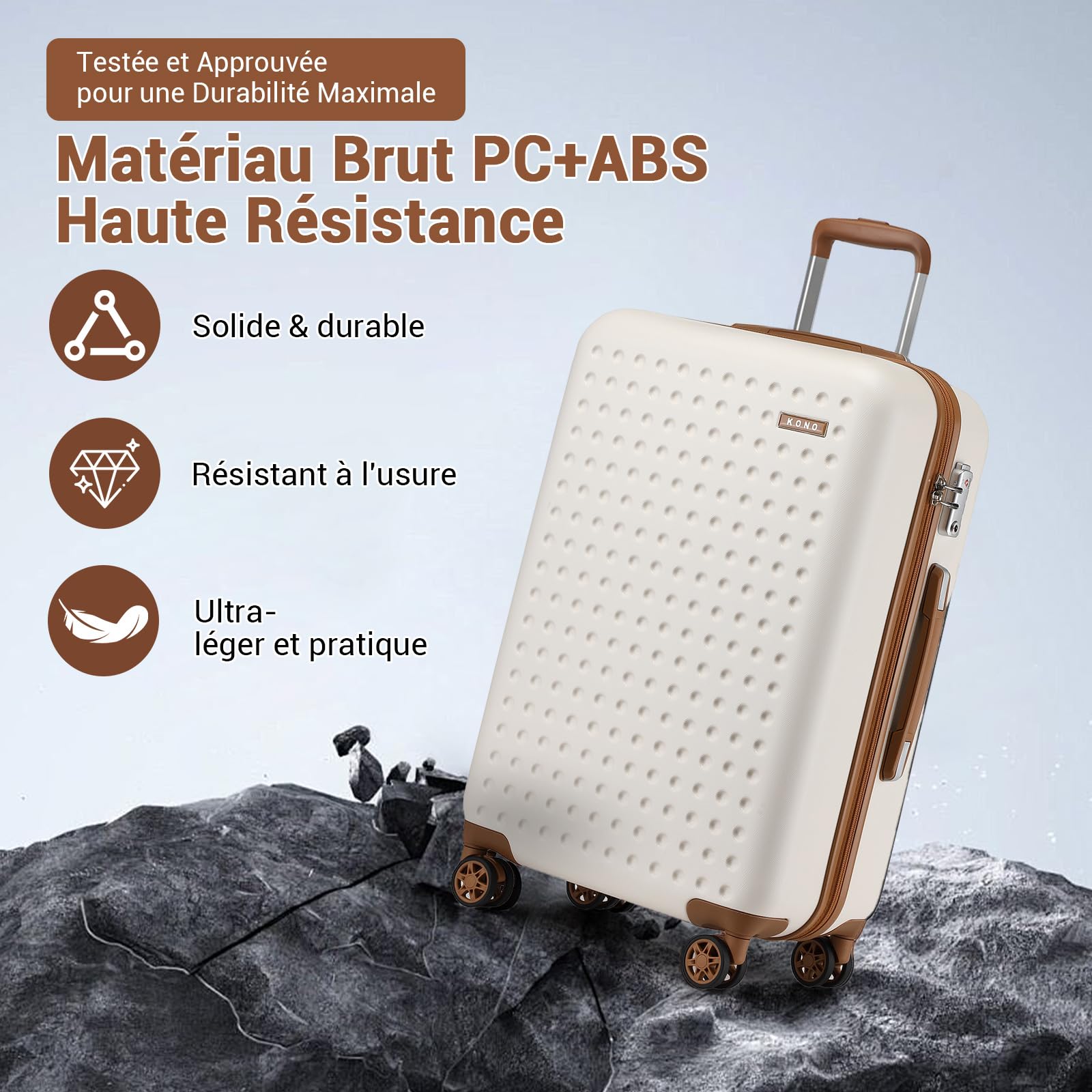 Kono Valise Soute 65cm ABS+PC Rigide,Valise Moyenne Légere avec 4 roulettes 360° Serrure TSA,Dimensions Standard Compagnies Aériennes,Idéal Voyage d'affaires Vacances（Crème）