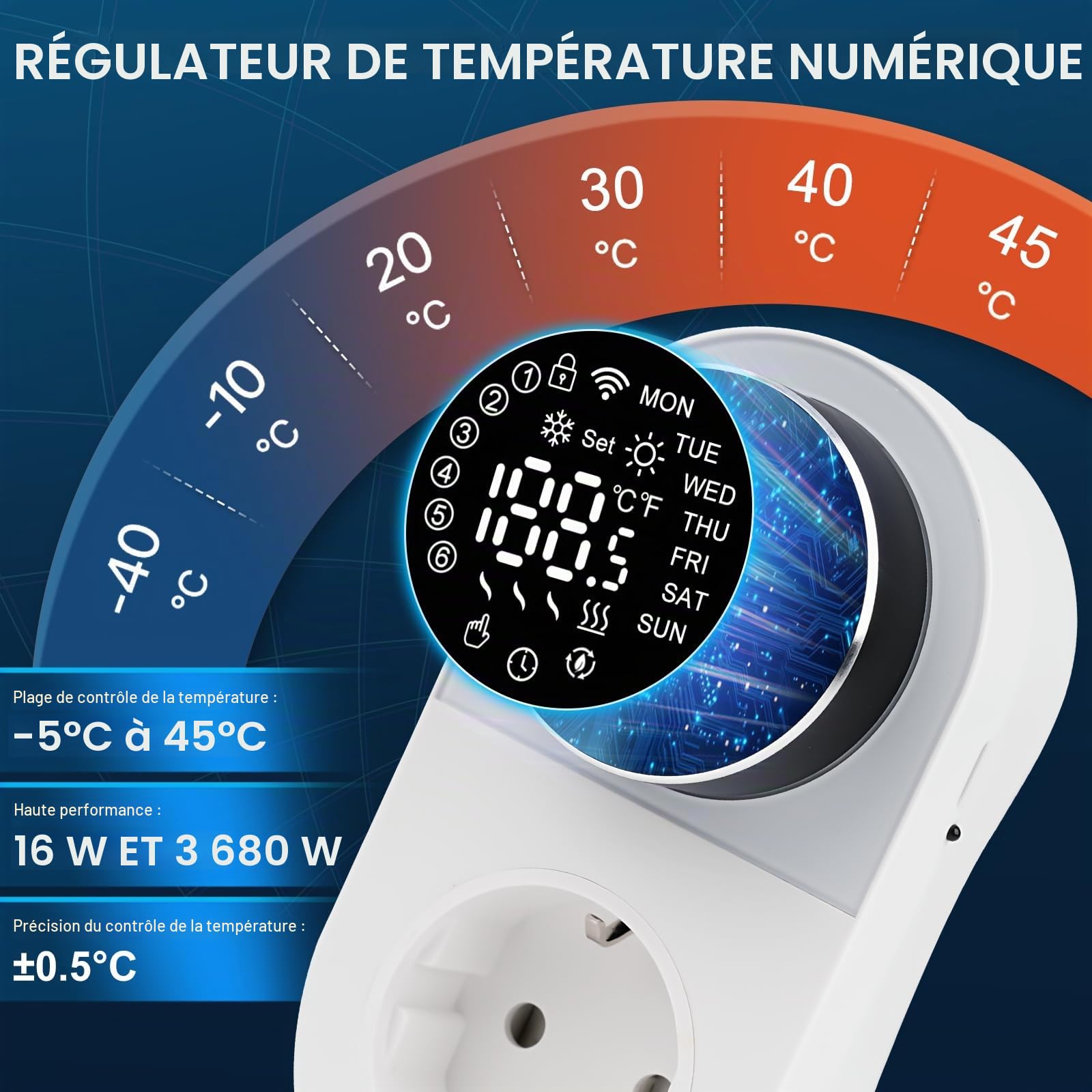 Prise Thermostat connecté WiFi régulateur de température numérique Prise thermostats avec Sonde 16A 220V Écran LED Commutation du Mode de Chauffage Refroidissement pour Serre Incubateur Ventilateur