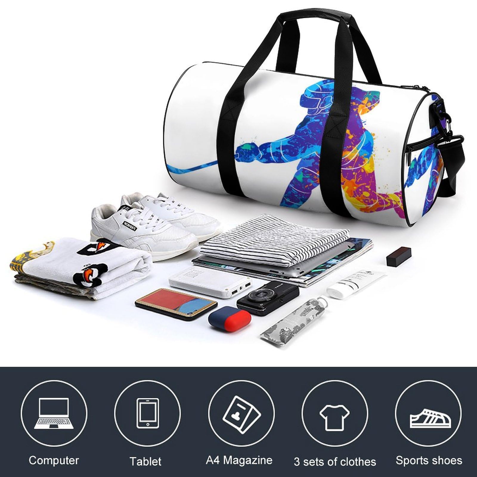 Joueur De Hockey Sac De Sport Gym Sac De Voyage Sac Week-End Duffel Bag pour Camping Randonnée Voyage 45x23x23cm