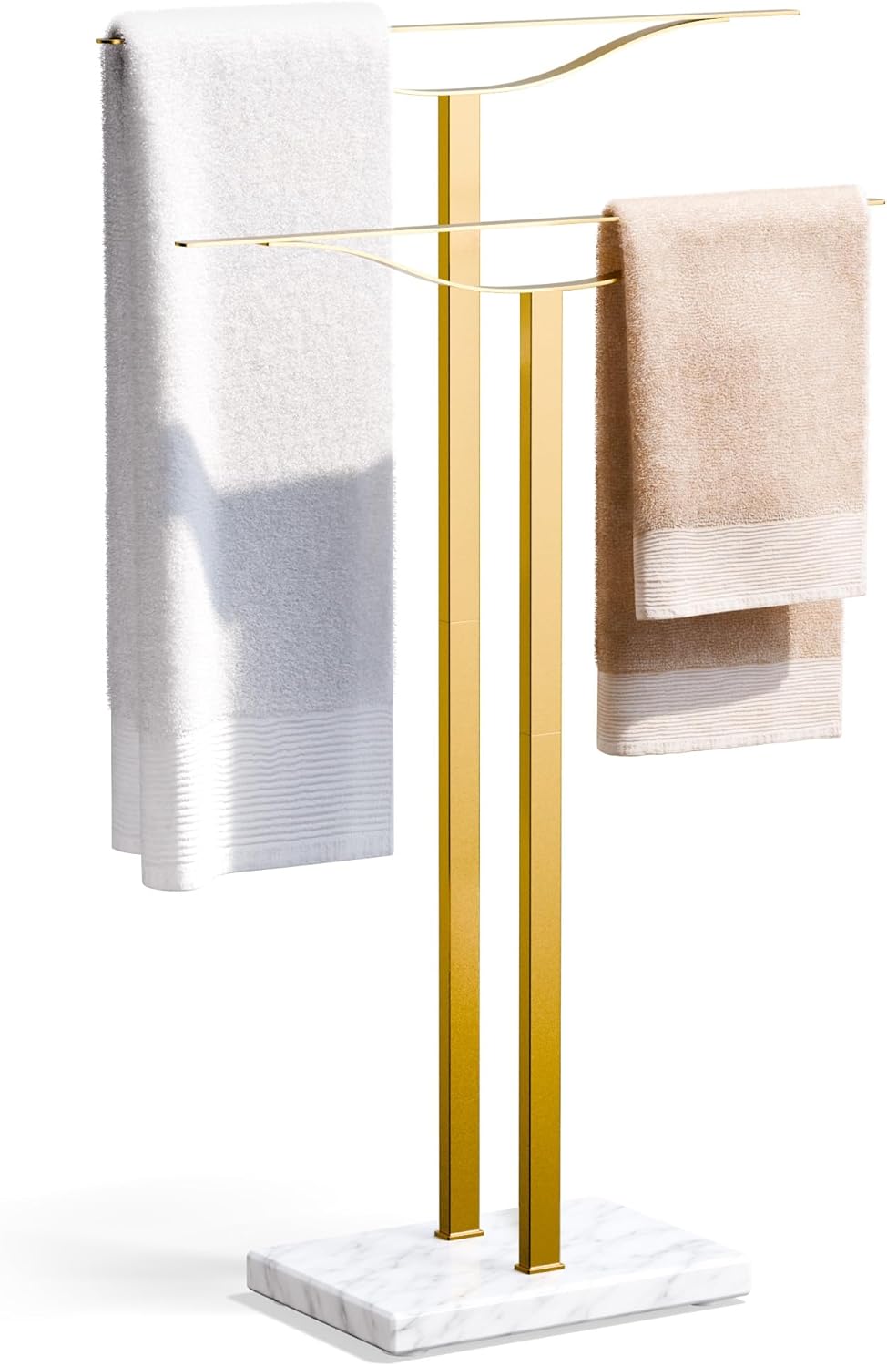 Bathroom Towel Rack Freestanding Floor Stand: Gold 33in 2Bar Weighted Marble Base Towel Holder, Rustproof 304 Stainless Steel Drying Rack for Bath&Hand Towels, NoDrill Slim Organizer, Spa Pool