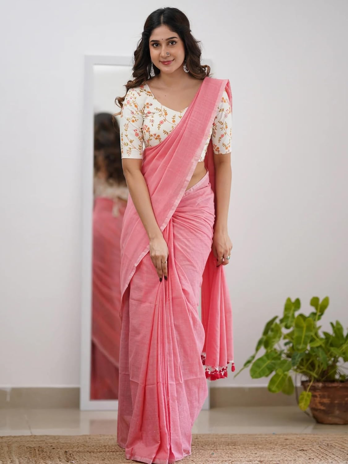 TRENDMALLS Women's Pure Tissue Cotton Handloom South Indian Style Saree with Printed Unstitched Blouse Piece