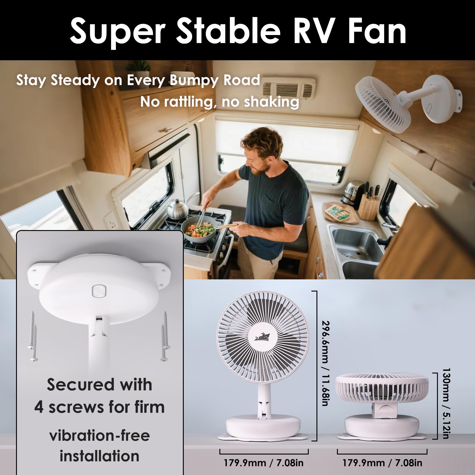 ZOIZ - Ventilador de pared para autocaravana/coche/yate: rotación de cabeza de 180°, inclinación de 90° y oscilación automática de 100°, ventilador giratorio plegable con LED colorido, 4 velocidades