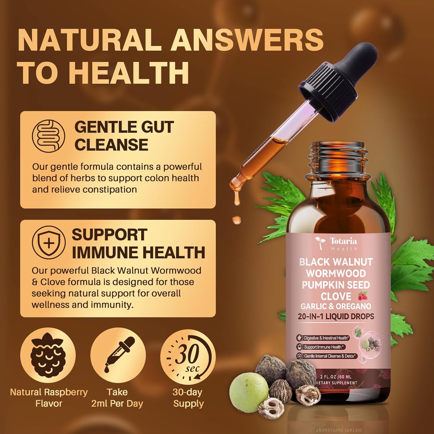 Totaria 20 in 1 Black Walnut Wormwood Tincture - Clove,Pumpkin Seed,Garlic,Oregano,Berberine - Gentle Gut Cleanse & Digestive Health - Alcohol-Free,Gut-Friendly -Raspberry Flavor - 2FL - Image 3