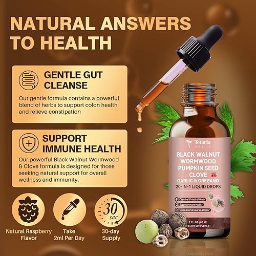 Miniatura 3 de Totaria 20 en 1 Tintura de Nuez Negra y Ajenjo - Clavo, Semilla de Calabaza, Ajo, Orégano, Berberina - Limpieza Suave del Intestino y Salud