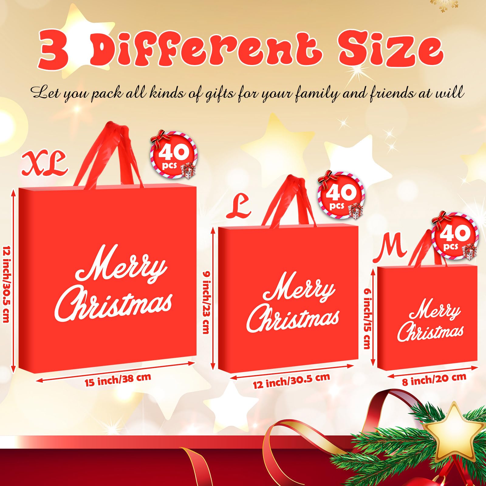 Teling Lot de 120 sacs cadeaux de Noël avec poignée - 3 tailles - Multifonctionnels - En plastique - 15,2 x 20,3 cm - 22,9 x 30,5 cm - 30,5 x 38,1 cm - Pour fournitures de fête de Noël, affaires