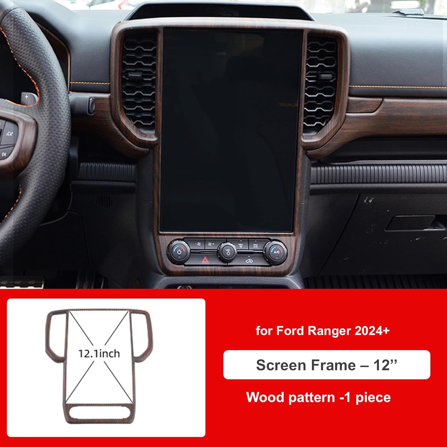 12'' Display Screen Trim, Navigation Screen Panel Frame, Protective Cover Car Accessories Compatible with Ford Ranger 2023 2024 2025 Wood Grain Interior Trim Cover Wood Pattern ABS