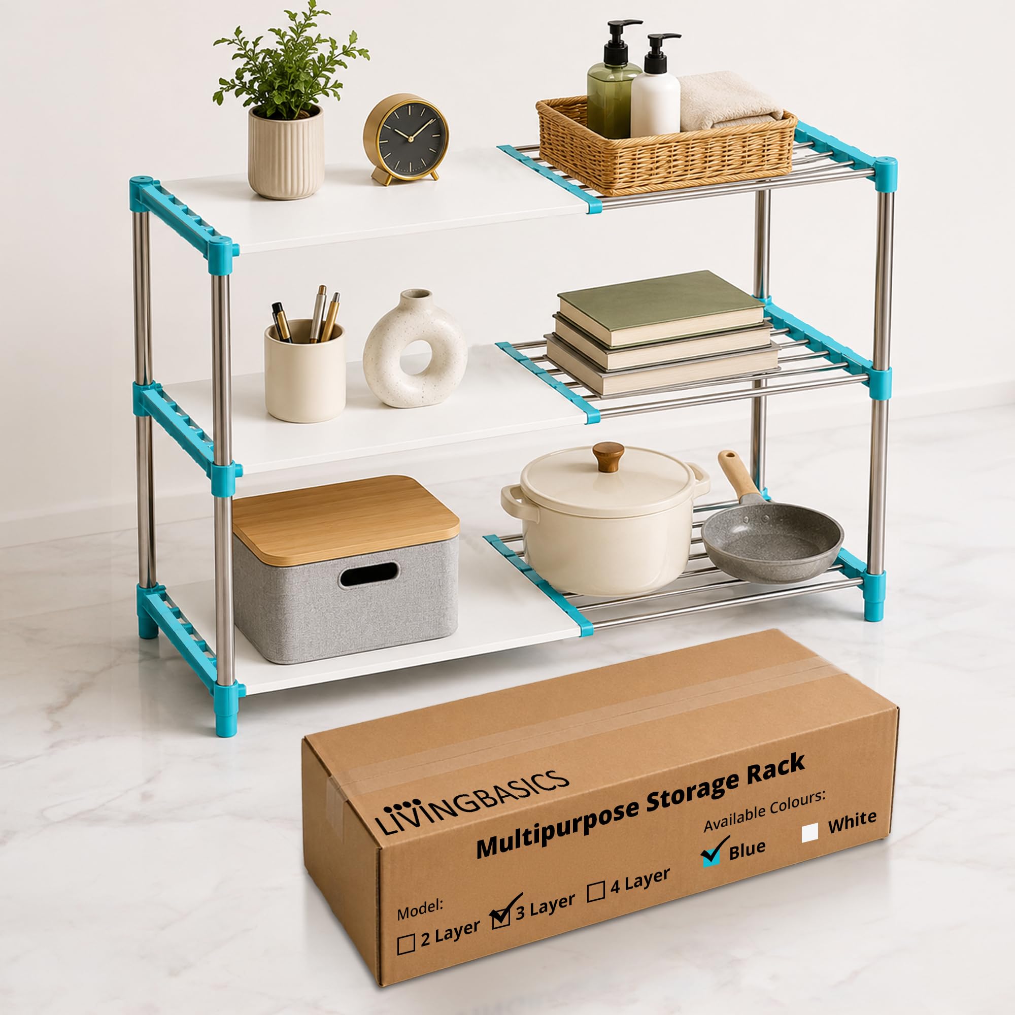 Plastic Multipurpose Storage Rack For Kitchen/Clothes/Bookshelf/Shoes Stand (3 Layer, Cyan Blue Multi-Purpose Rack)-image-0