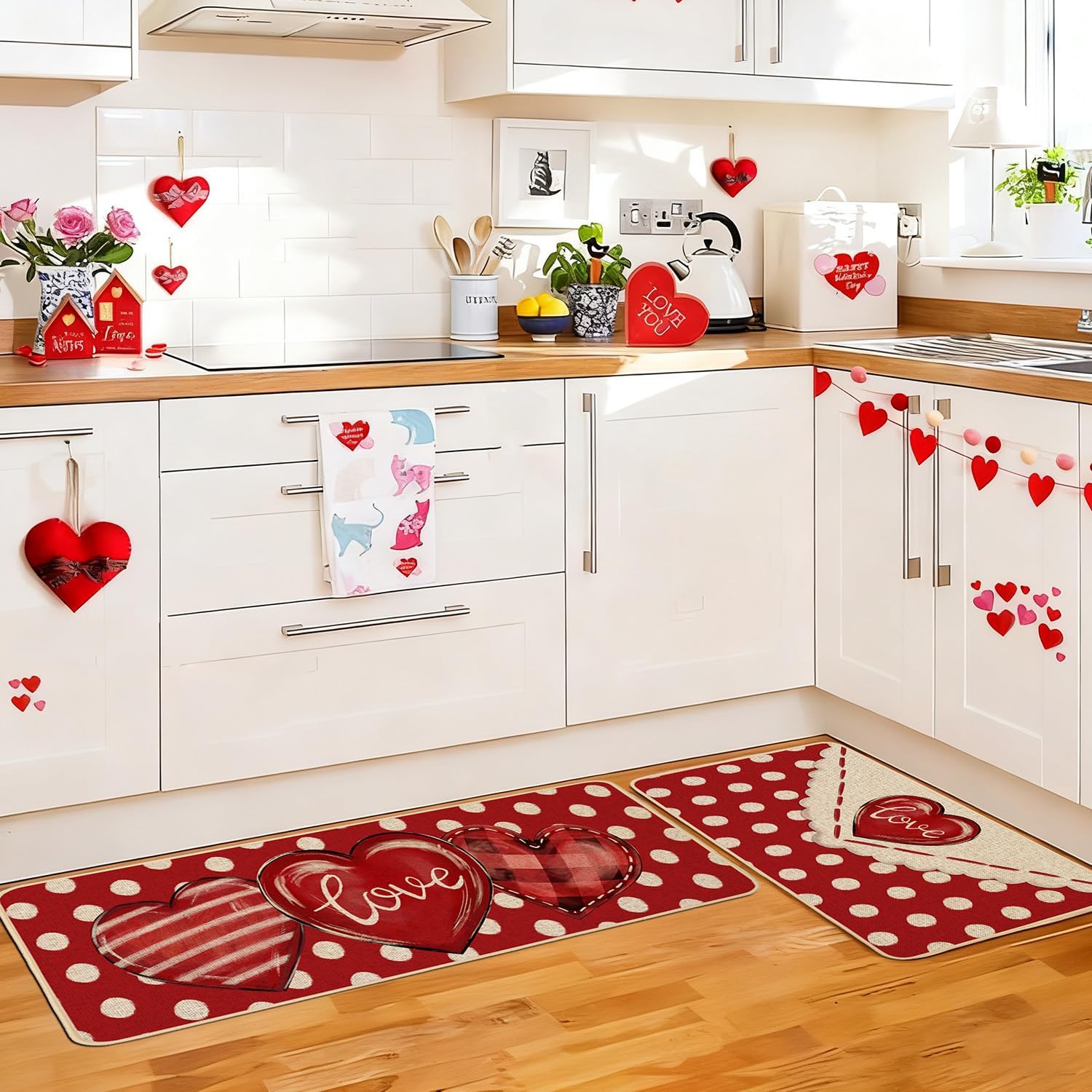 Baccessor Valentines Day Kitchen Mats Set of 2, Love Confession Boho Polka Dot Kitchen Rugs for Floor Low-Profile Anniversary Wedding Home Decor 17x29 and 17x47 Inch
