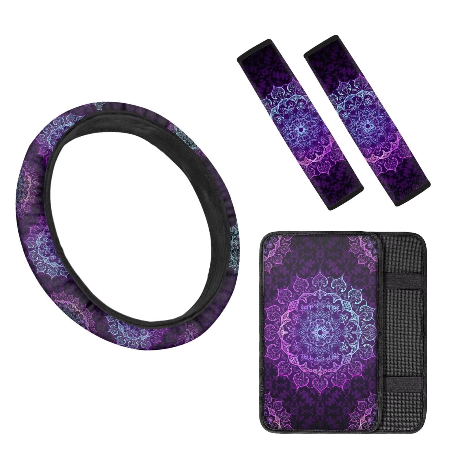 TOADDMOS Purple Boho Mandala Blossom Car Steering Wheel Cover Non-Slip Car Armrest Cover Breathable Seatbelt Cushion Pad for Women Lady SUV Sedan,Set of 3