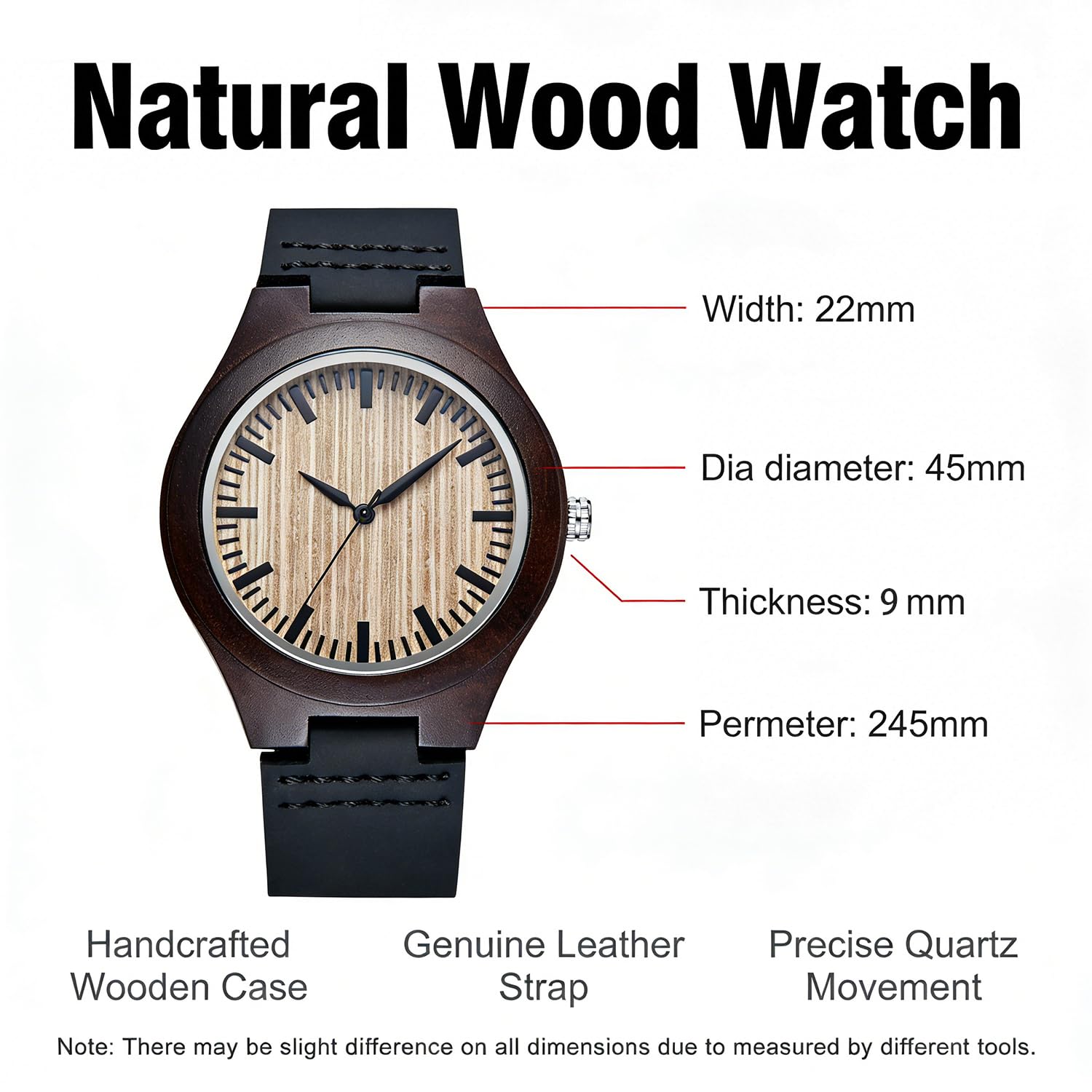 Tiong Orologio da uomo in legno naturale scuro e chiaro, con cinturino in vera pelle, ecologico, casual, al quarzo, con quadrante in legno minimalista, regalo unico per uomo