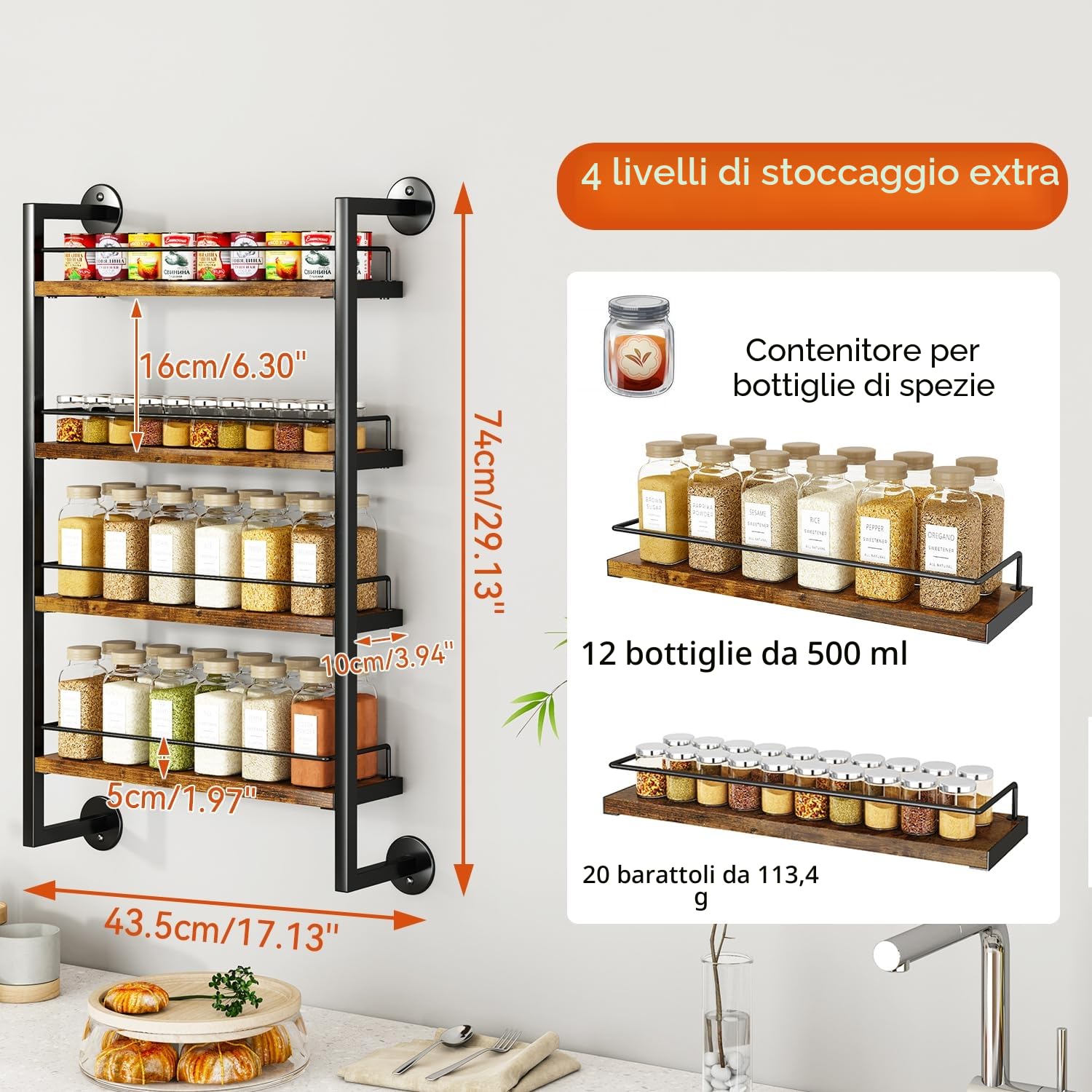 IBUYKE LJ016H - Portaspezie da parete, 4 ripiani, grande organizer per spezie fino a 50 bicchieri, in legno, per cucina, porta armadio, bagno, dispensa, marrone
