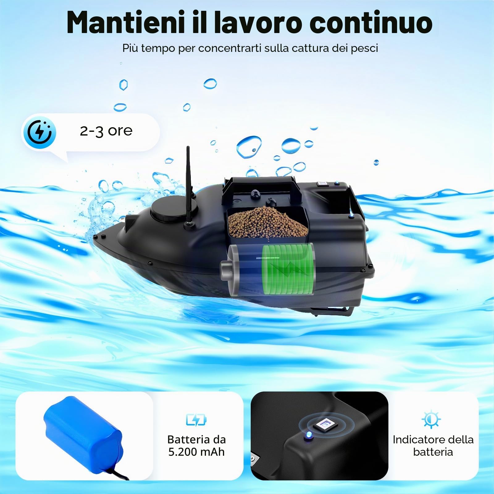 Barca per esche da pesca con telecomando da 500 m, con luce notturna a LED, portata 2 kg, per pesca notturna, telecomando, per laghi/fiumi, 2 ore