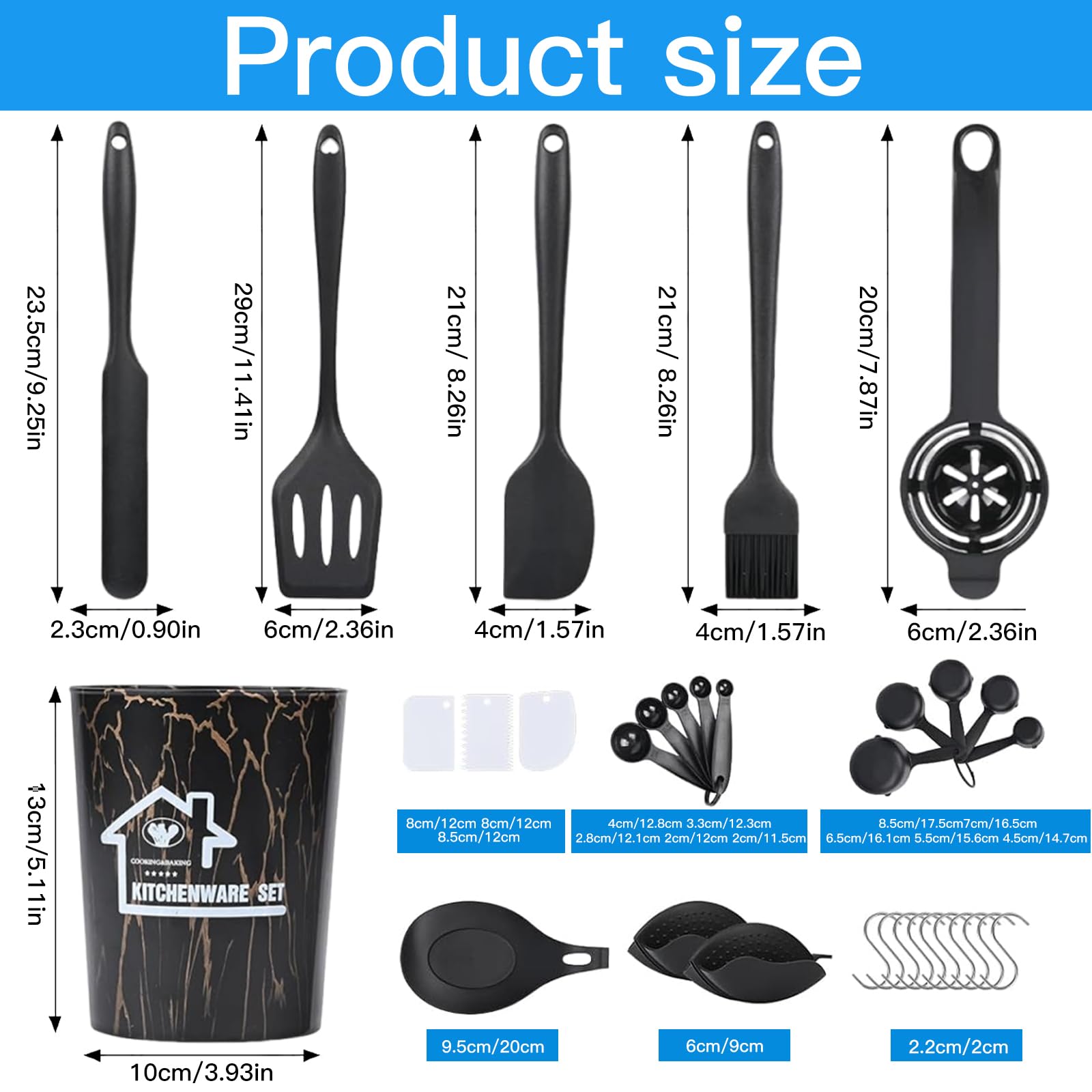 Binnan Utensili da Cucina in Silicone, 44 Pezzi Utensili da Cucina con Secchio Portaoggetti, Resistente al Calore Antiaderenti, Lavabile in Lavastoviglie (Nero)