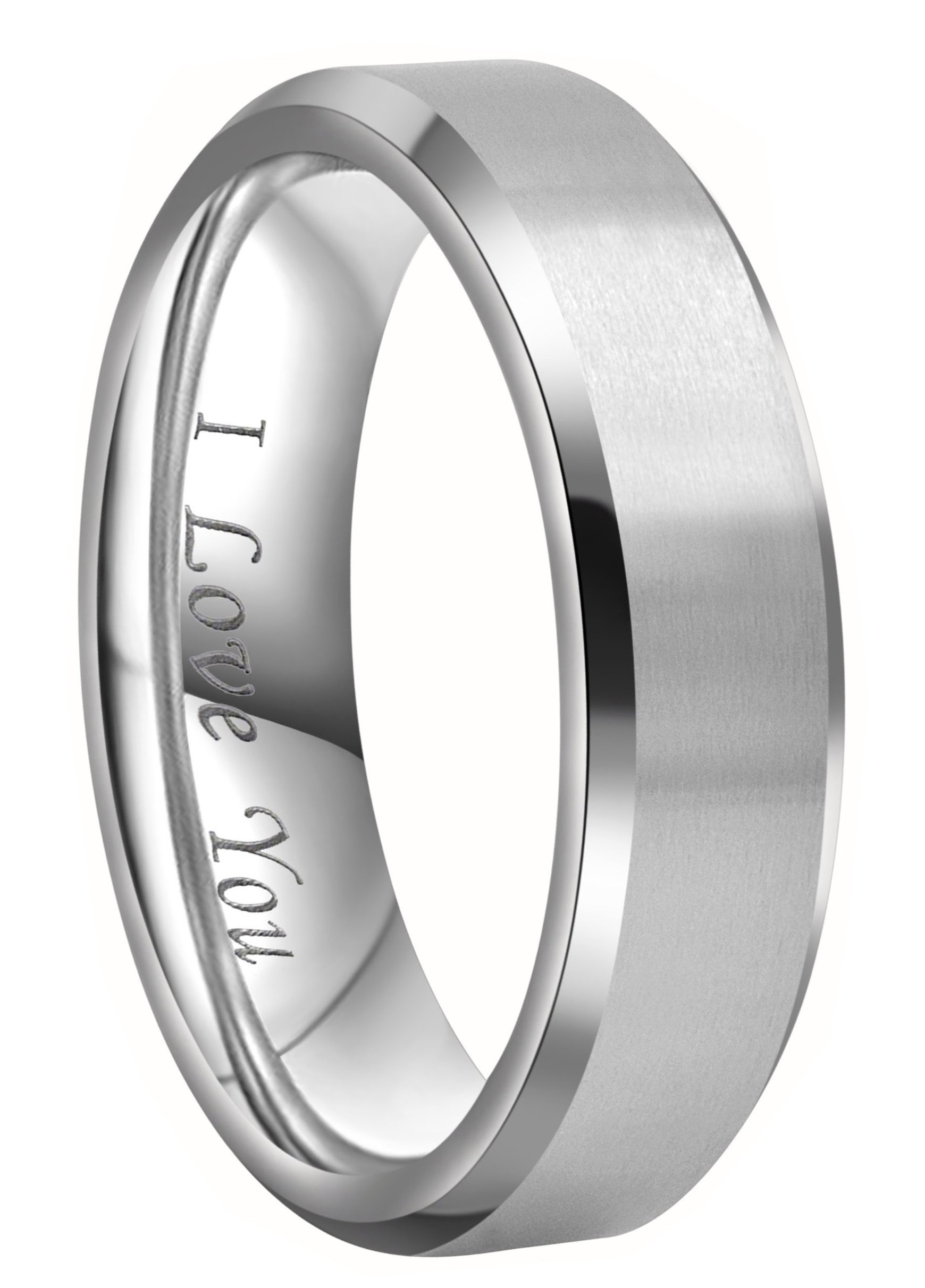 4mm 6mm 8mm Black/Silver Titanium Wedding Couple Bands Rings Men Women Matte Finish Beveled Edges Engraved I Love You Comfort Fit Size 4 to 16