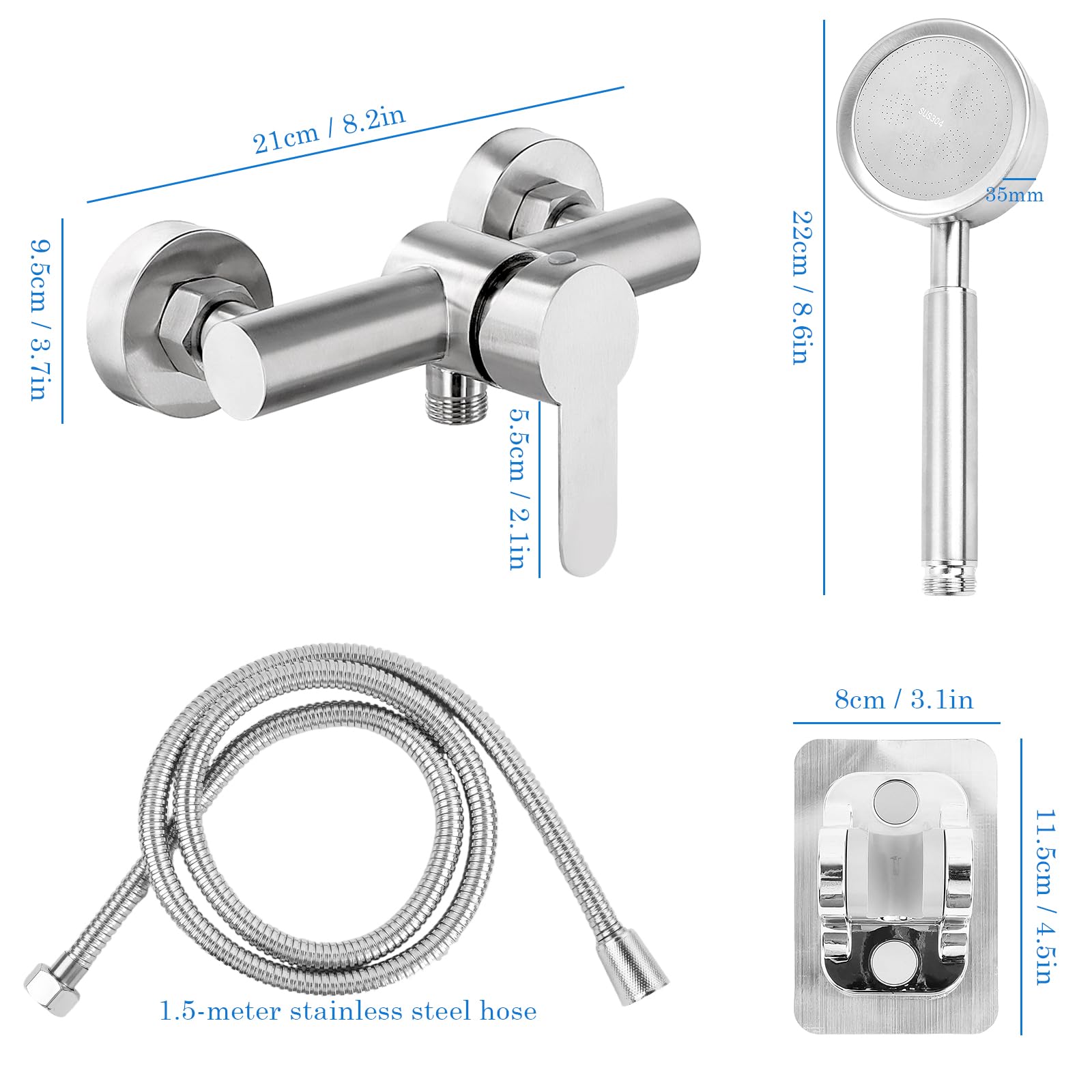 Rubinetto per Doccia, Miscelatore Monocomando per Doccia, Miscelatore da Parete 304 in Acciaio Inox, Rubinetto Miscelatore Bagno Per Bagno Doccia Vasca G1/2 Con offione