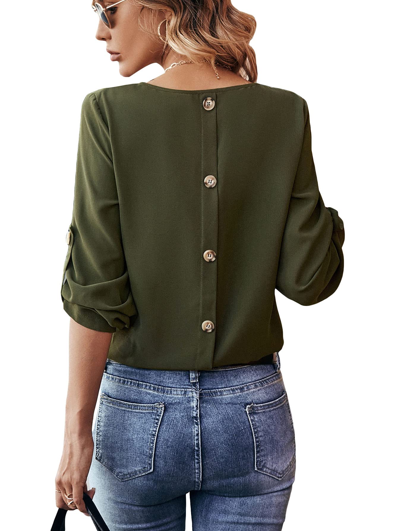Photo 1 of SOLY HUX Women's Casual Roll Up Long Sleeve Button Back Work Blouse Tops Medium Solid Army Green