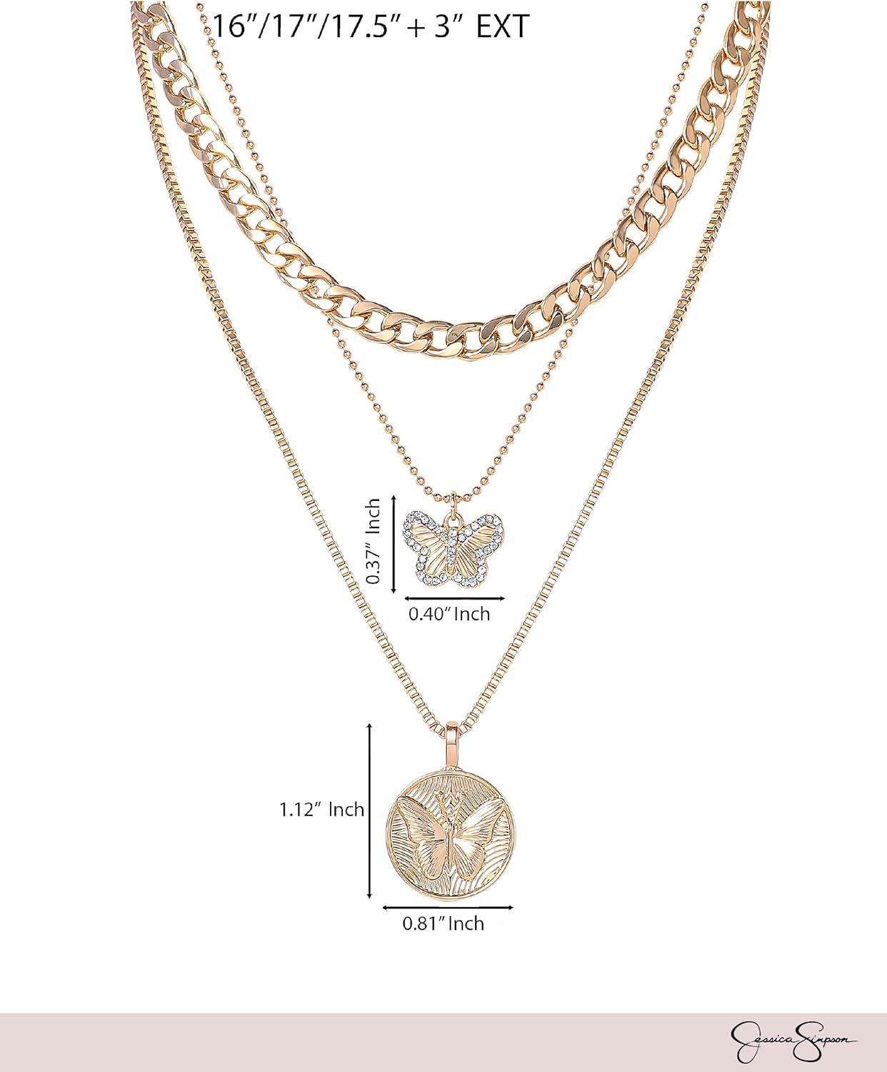 Jessica Simpson Butterfly Necklaces for Women 3-Piece 16-17.5"+3", Gold-Tone Layered Necklaces with Butterfly Pendants - Image 4