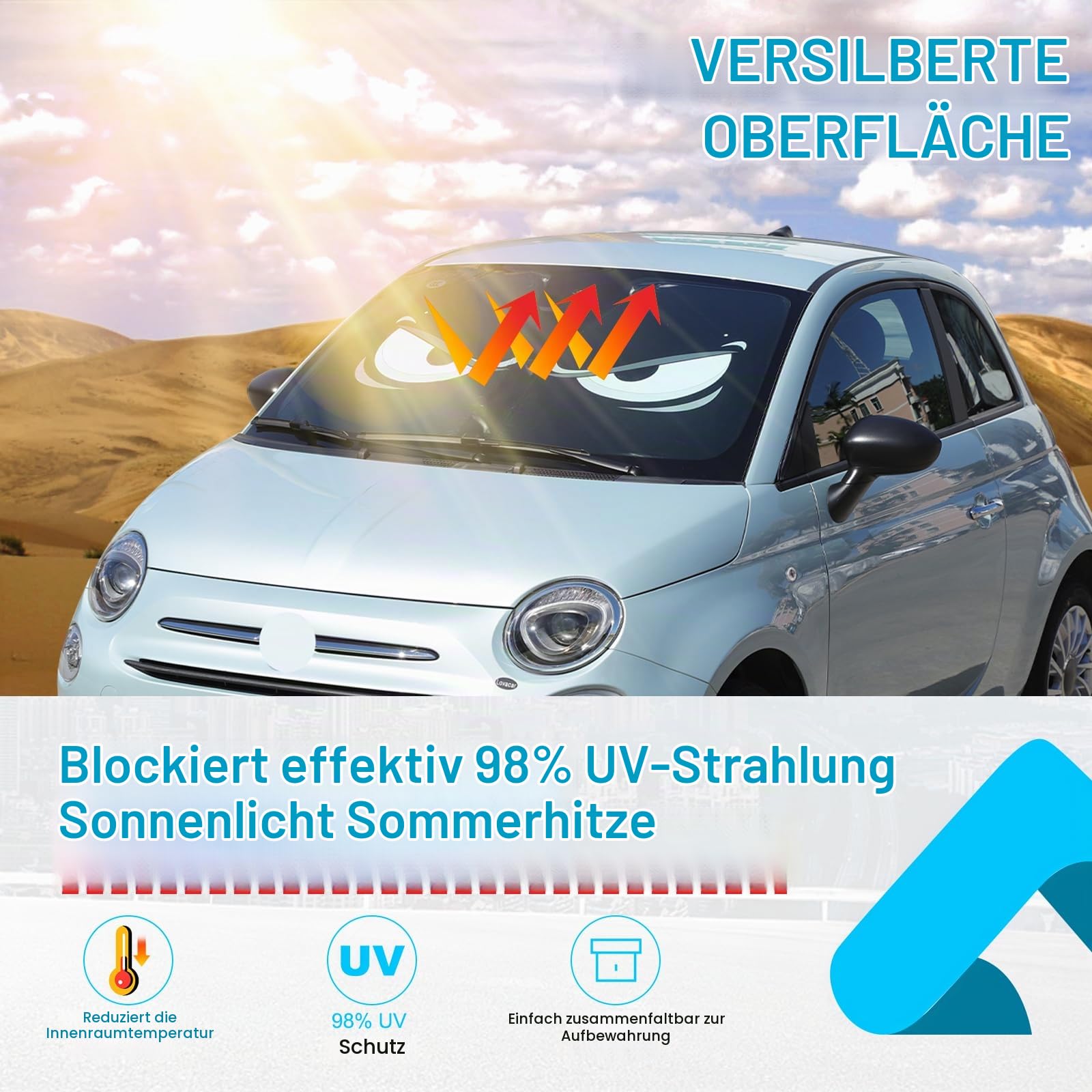Lustige Auto-Sonnenblende mit Cartoon-Augen-Muster Geeignet für FIAT 500 2010-2026, Auto Frontscheibe Keep Vehicle Cool für FIAT 500 Zubehör