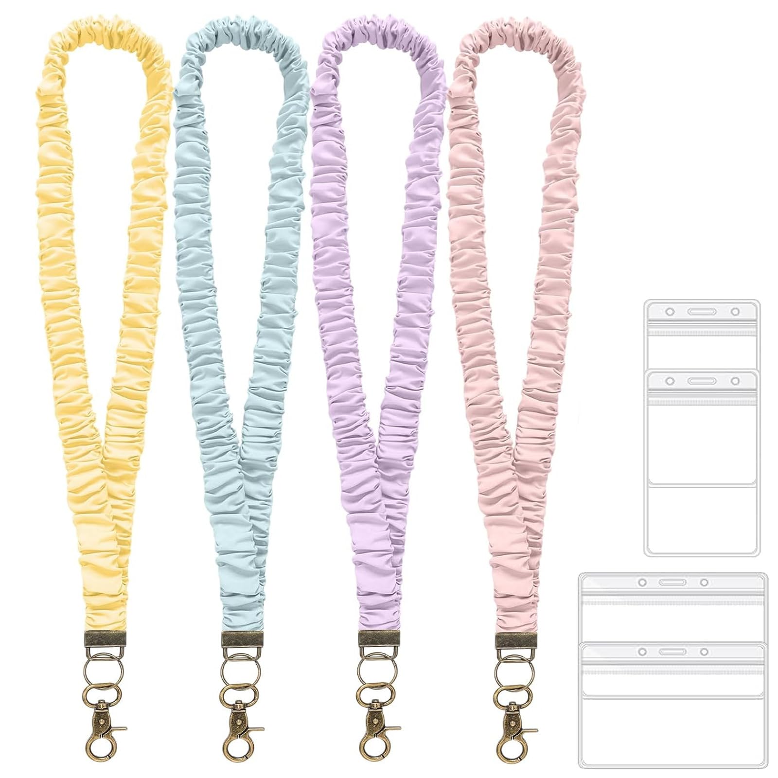 Stretchy Scrunchie Lanyard for ID Badges, Teacher Lanyards with 4Pcs Badge Holder, Cute Long Neck Key Lanyard Straps for Women Card Holder Keychain Wallet, Multicolor B