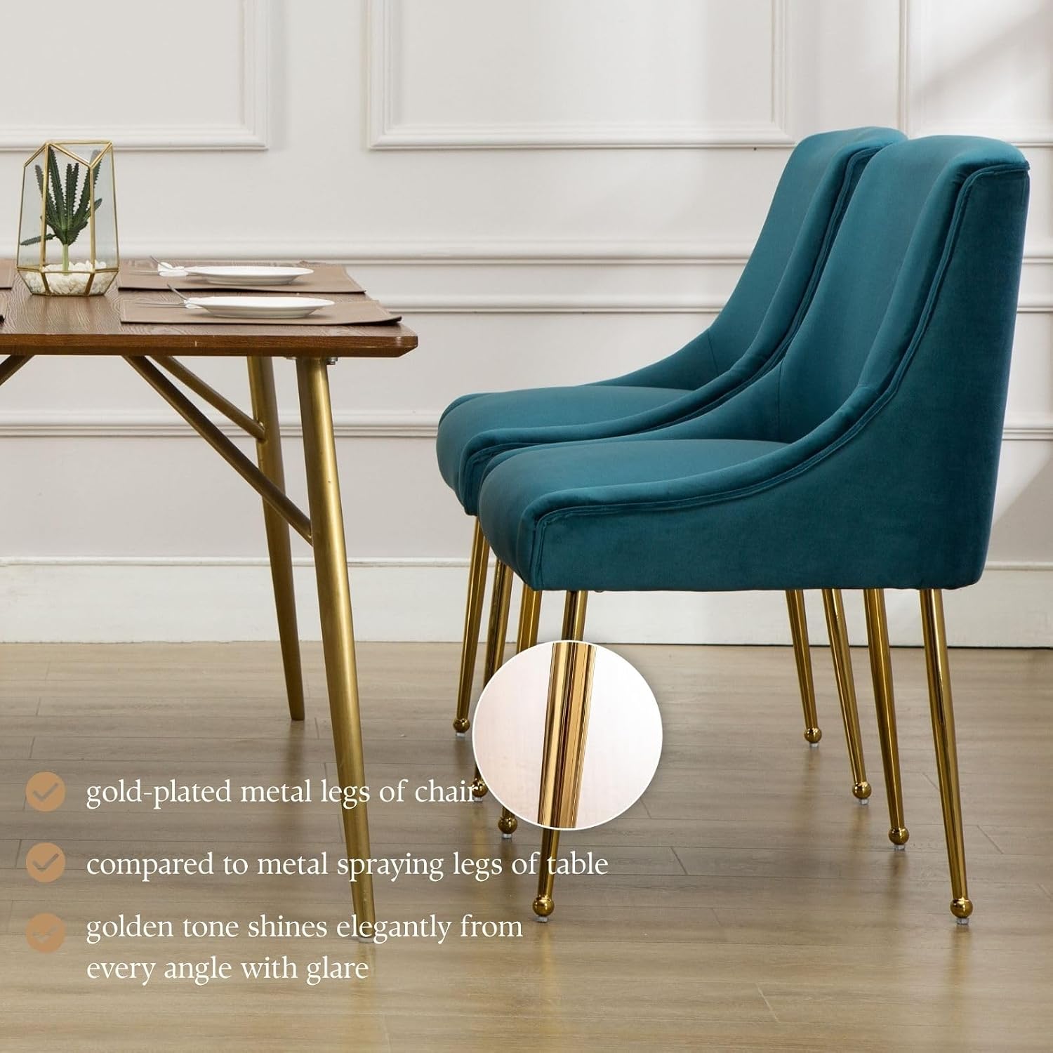Teal Velvet Dining Chairs Gold Legs, Modern Upholstered Dining Room Chair with Wing Back Set of 4 Armless Padded Accent Chair Comfy Side Chair for Kitchen Living Room Bedroom