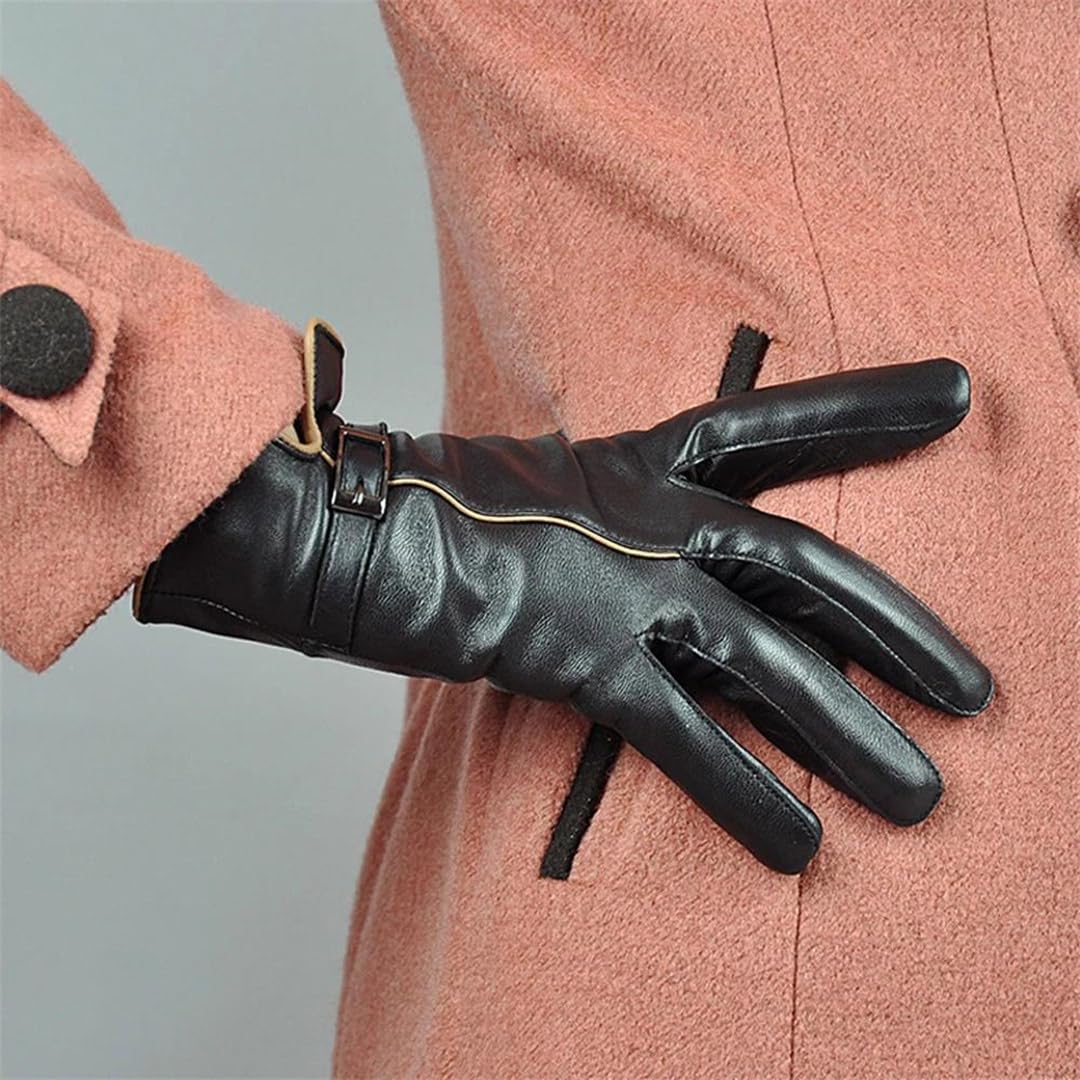 Guantes de cuero de invierno para mujer, piel de oveja cálida, color sólido, guantes de fiesta para mujer