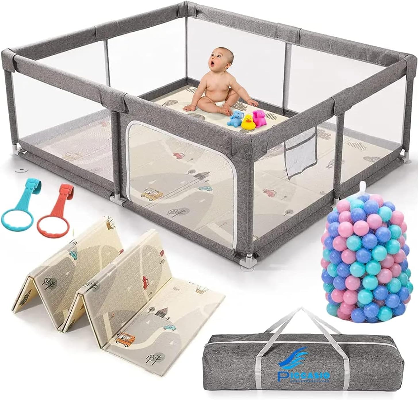 PICCASIO™ Baby Playpen Large, Playpen Fence for Toddler, Extra Large Play Yard with Gate - Packable and Portable Toddler Safety Activity Center with Balls & Accessories (large playpen, grey)