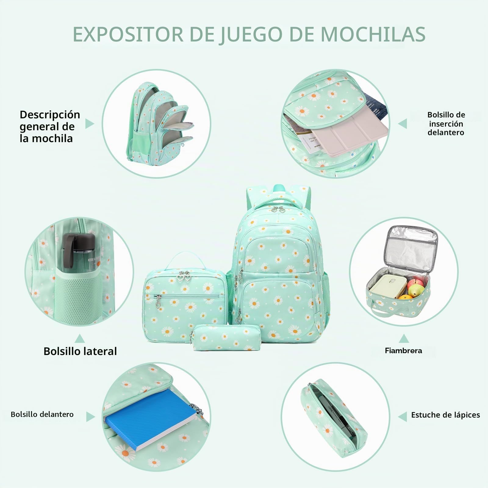Juego de mochila escolar con estampado de margaritas, bolsa de almuerzo, estuche para lápices, 3 piezas, para adolescentes, niñas, niños, primaria, secundaria, resistente al agua, ligera