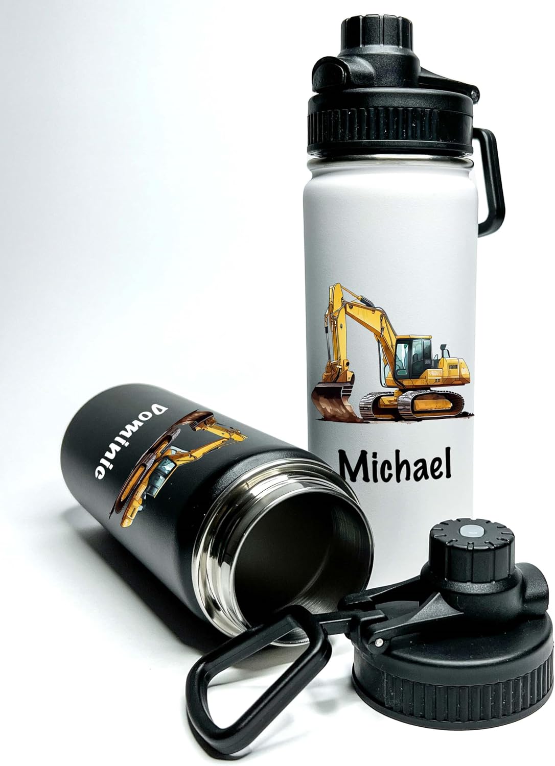 Personalized Stainless Steel Sports Hydro Water Bottle, Vacuum-insulated, 18 or 32 ounce Size Choice, Keeps Liquids Pipping Hot or Icy Cold! (Straw or Mouthtop) Illustrated Excavator With Your Name.