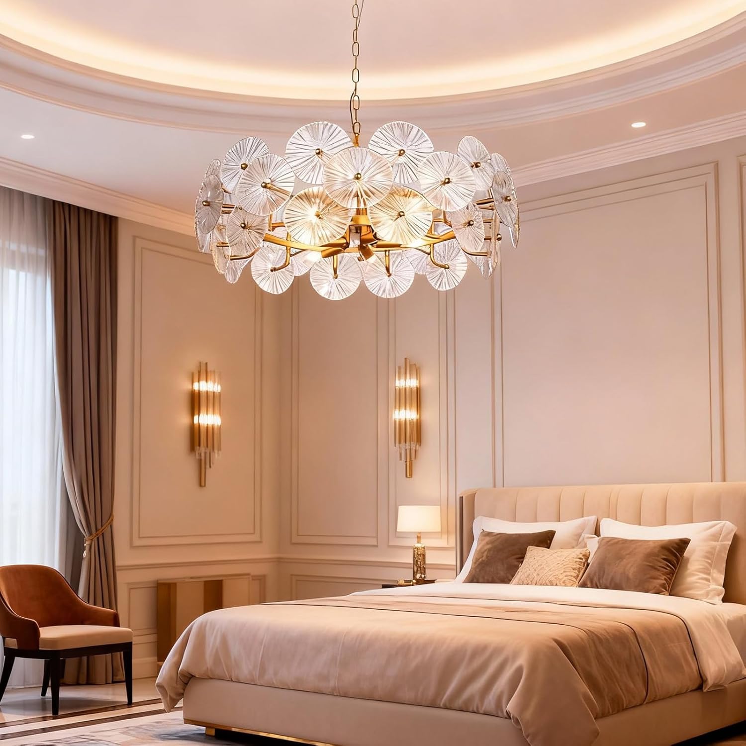 24" Modern Gold Glass Chandelier, 3 Tiers Gold Chandeliers Ceiling Light Fixtures, 9-Light Round Pendant Hanging Light for Dining Room, Living Room, Kitchen Island, Bedroom