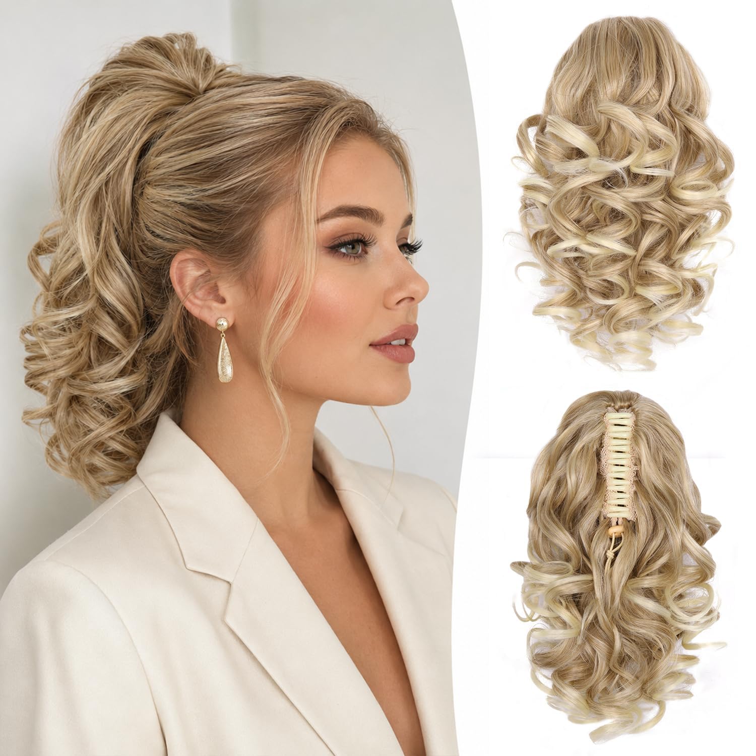 Photo 1 of 12 Inch Ponytail Extension - Soft Wavy Pony Tails Hair Extensions, Claw Clip Ponytail Extension, Synthetic Hair Extensions Ponytail, Clip in Ponytail (Color: Medium Blonde With Bleach Blonde Ends)