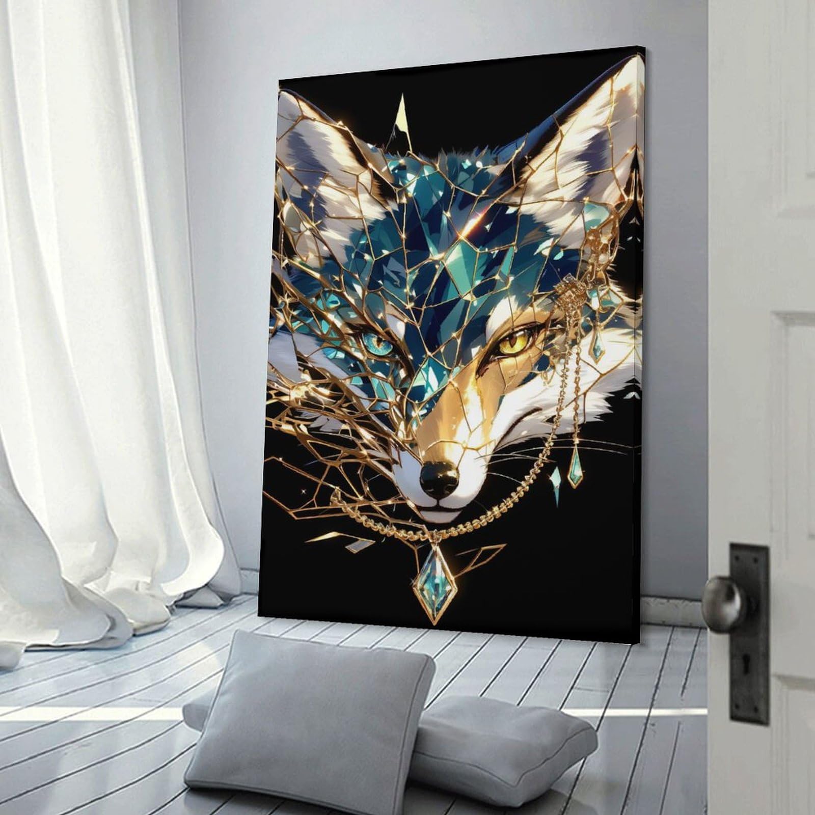 Junmoney Frame-Style-5 Gemstone Fox Portrait Canvas Art Print 24X36inch(60X90cm), For Bedroom Walls, Guest Spaces Or Lounges, Home Artwork With A Soft Interior Feel