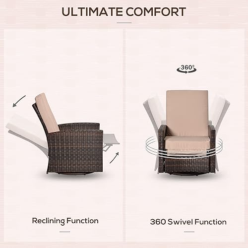 Miniatura 5 de Outsunny Silla reclinable giratoria de mimbre para exteriores, respaldo reclinable, reposapiés elevador, rotación de 360, cojines resistentes al