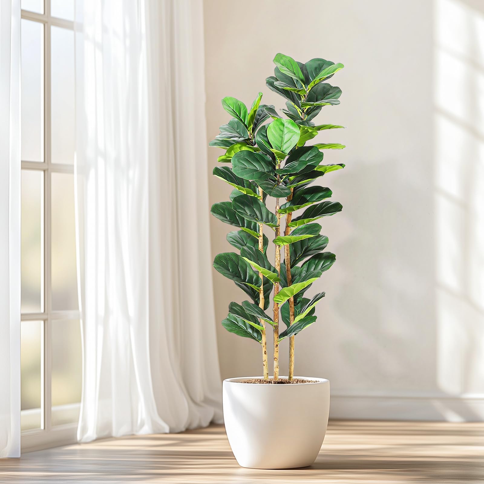 Garvee Árbol Artificial Hoja de violín Decorativo para hogar, Oficina o Tienda - 56 Hojas Verdes realistas - Maceta Blanca incluida - Uso Interior/Exterior - Tamaño: 5 pies
