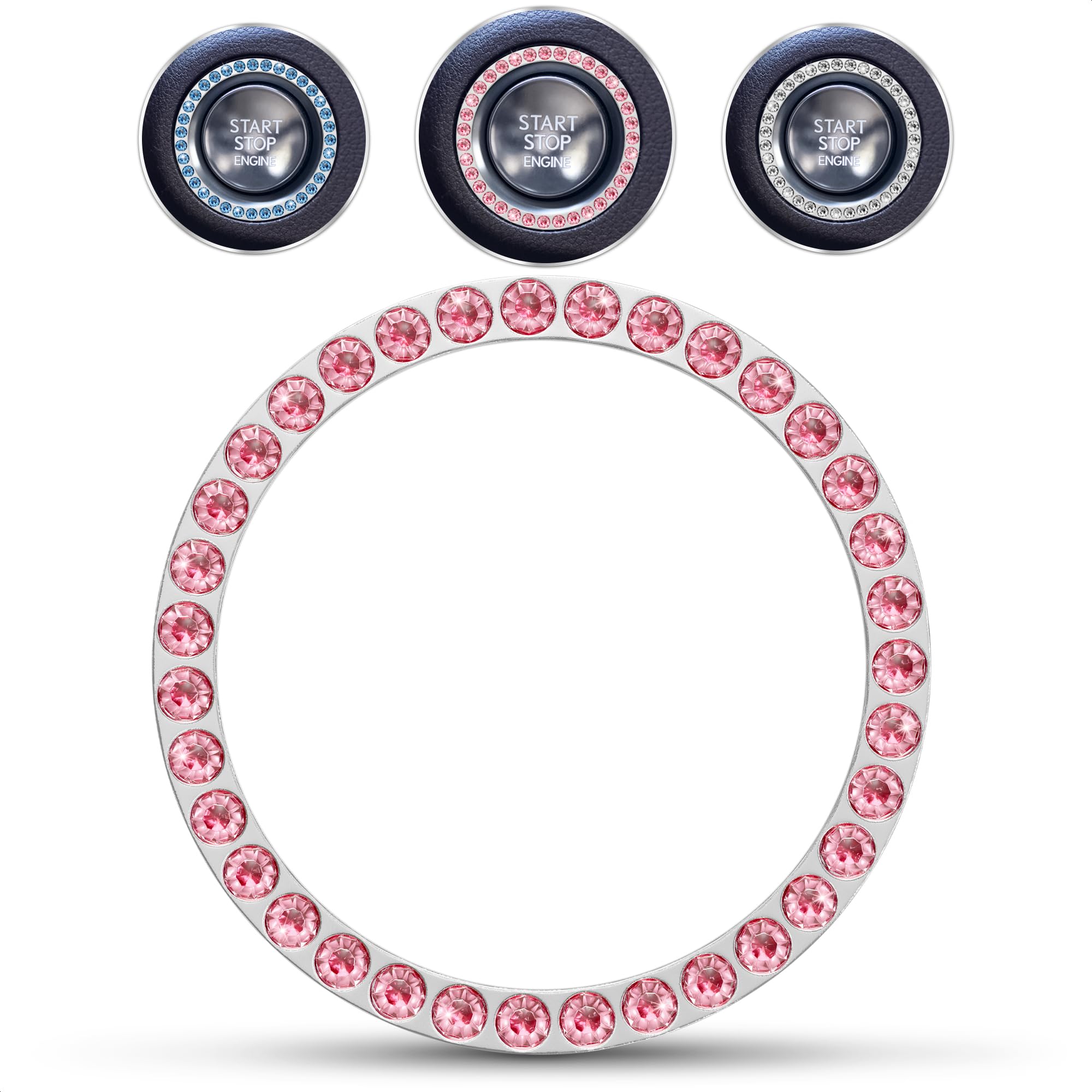 Bling Car Decor Crystal Rhinestone Car Bling Ring Emblem Sticker, Bling Car Accessories for Auto Start Engine Ignition Button Key & Knobs, Bling for Car Interior, Unique Gift for Women (Pink)