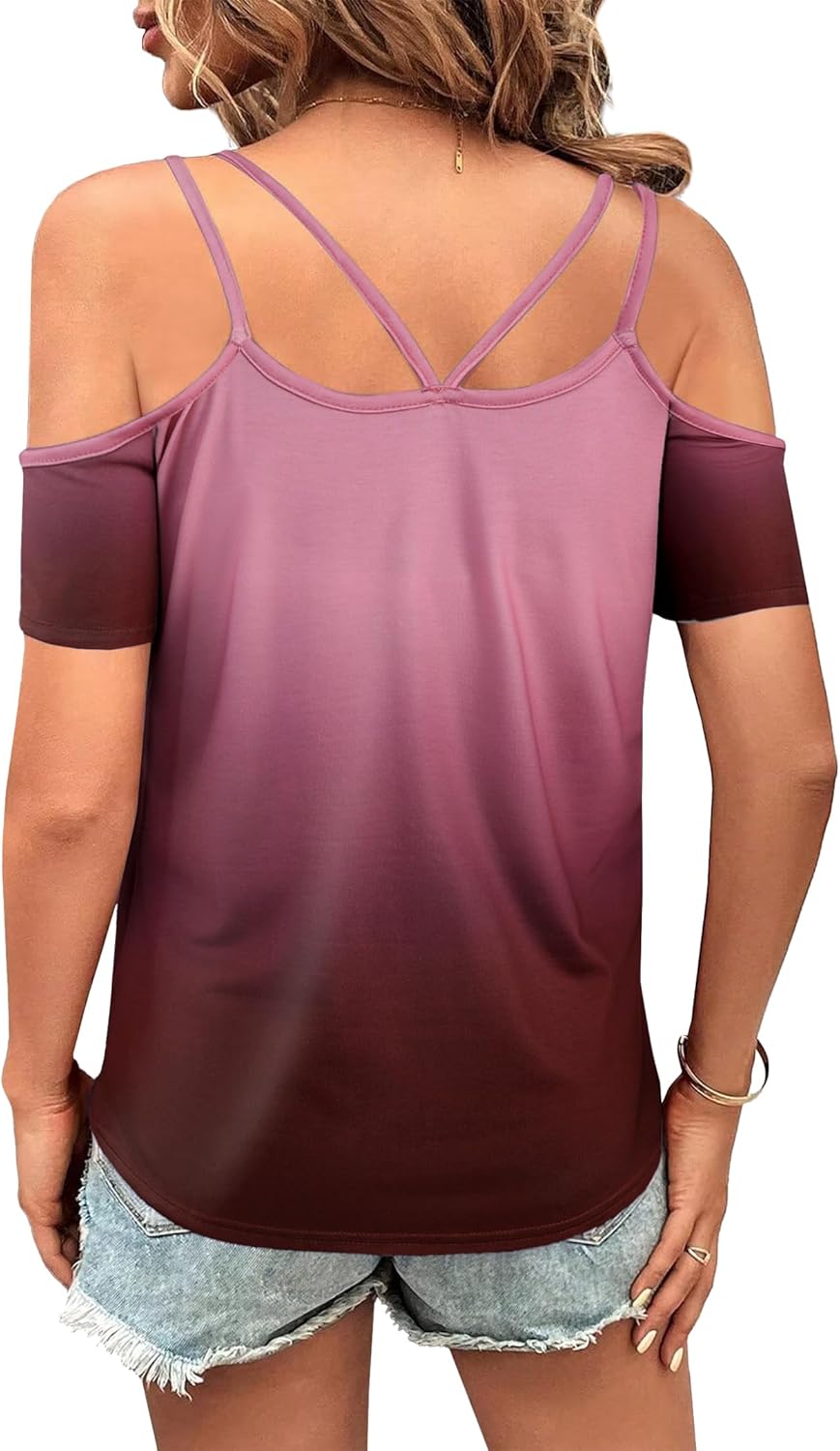 LilyCoco Womens Cold Should Tops Summer Ombre Sexy V Neck Short Sleeve T Shirt - Image 3