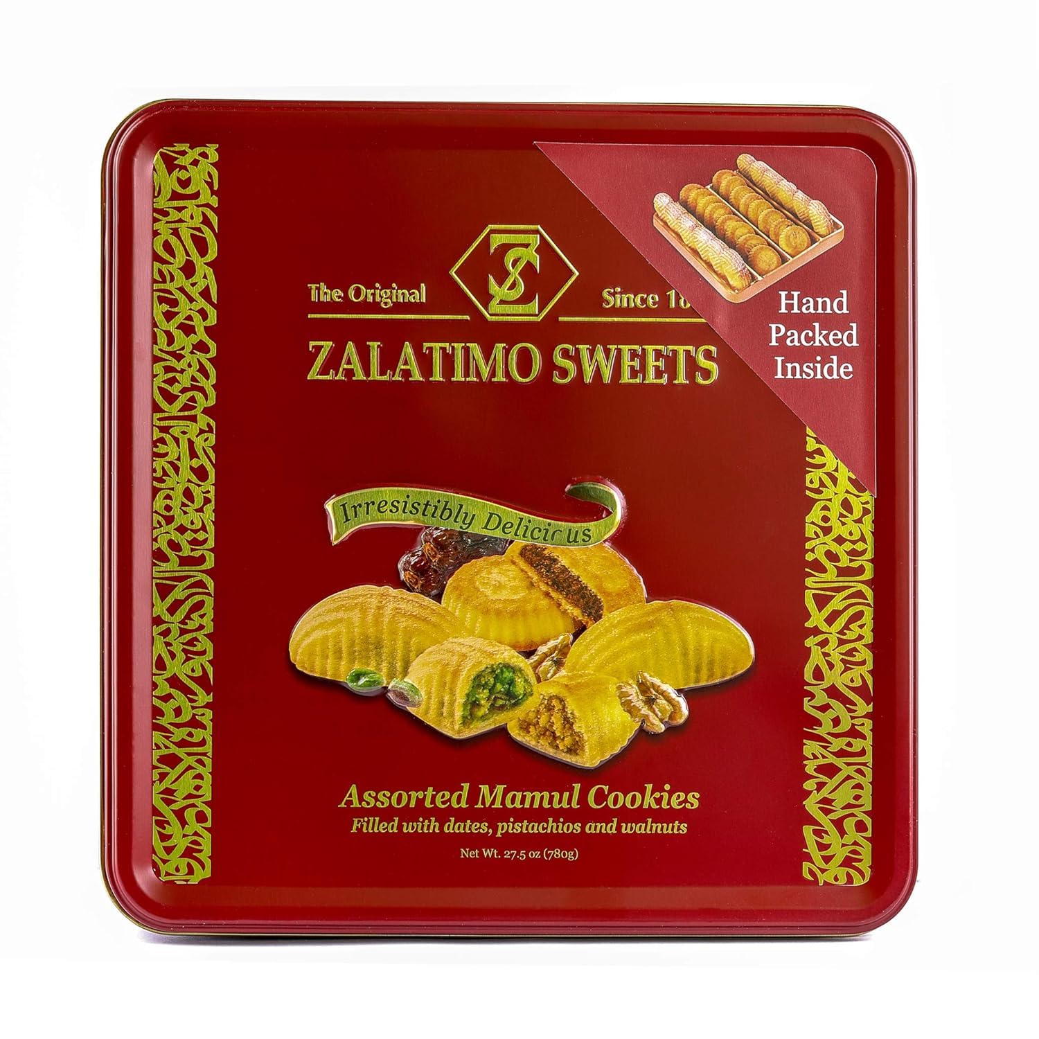 Zalatimo Sweets Since 1860100% All Natural Assorted Mamoul Shortbread Cookies, Square Metal Gift Tin, Slightly Sweet Cookies, Pistachio, Walnuts, Dates, No Preservatives, No Additives, 1.7Lbs