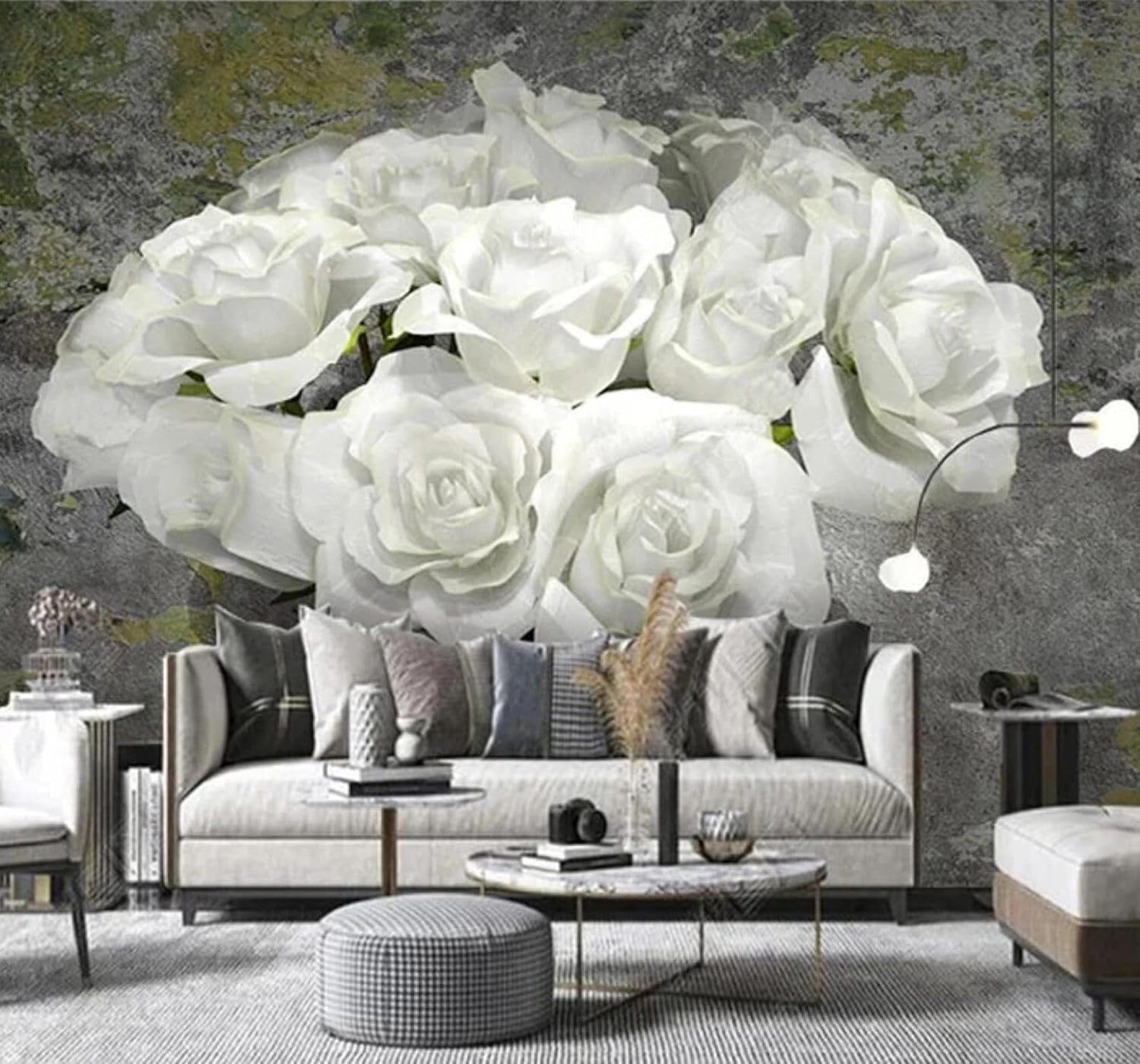 XLMING Vintage Three Dimensional Romantic White Rose 3D Wallpaper Silky Texture Home Study Office Grey Dining Room Sofa Bedroom Living Room TV Backdrop-400cm×280cm